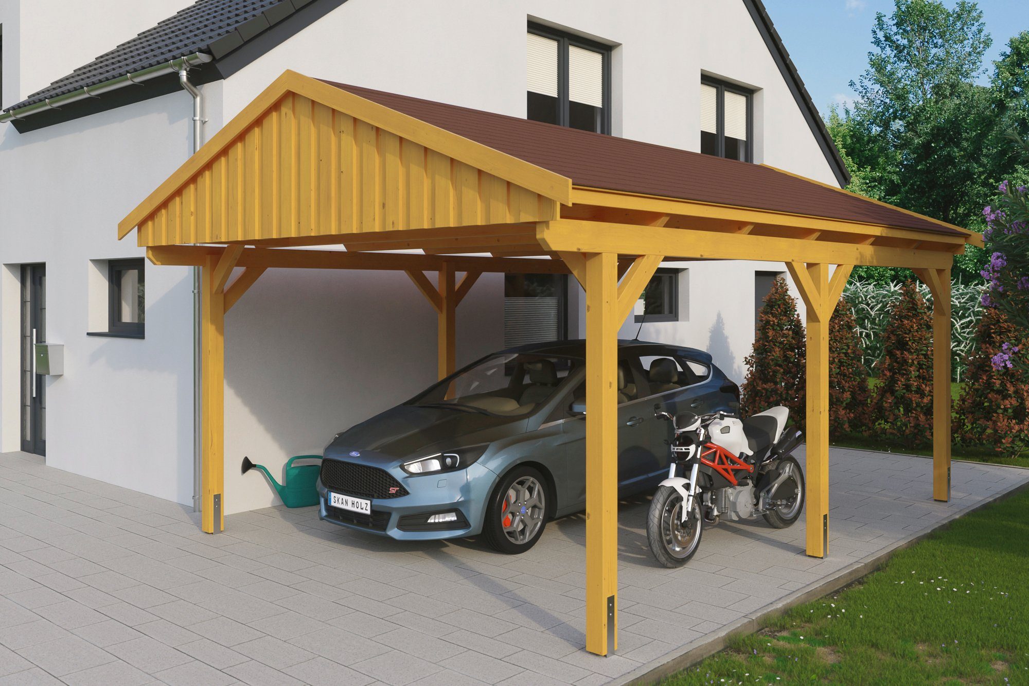 mit behandelt farblich hell cm, cm in roten Einzelcarport Einfahrtshöhe, BxT: 379 Skanholz eiche 423x566 Fichtelberg, Satteldach-Carport, Schindeln,