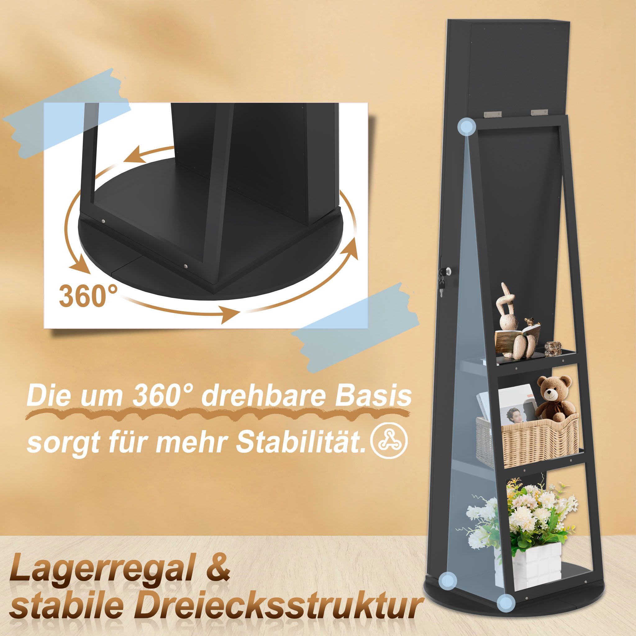 FIVMEN Schmuckschrank Spiegelschrank zur Aufhängen Hängend Abschließbar 2 in 1 Drehbare Halterun Wandspiegel und Schmuck Organizer Weiß/Schwarz