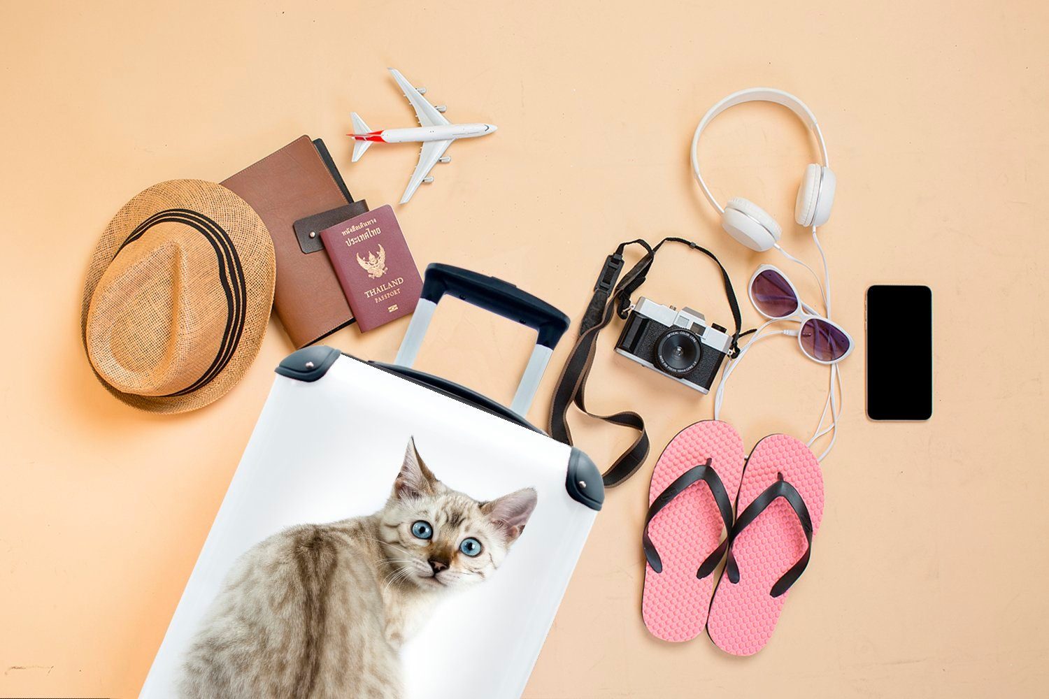 Handgepäckkoffer Ferien, Trolley, Rollen, Reisekoffer 4 Bengalische mit weißem Katze rollen, Handgepäck für Hintergrund, auf MuchoWow Reisetasche