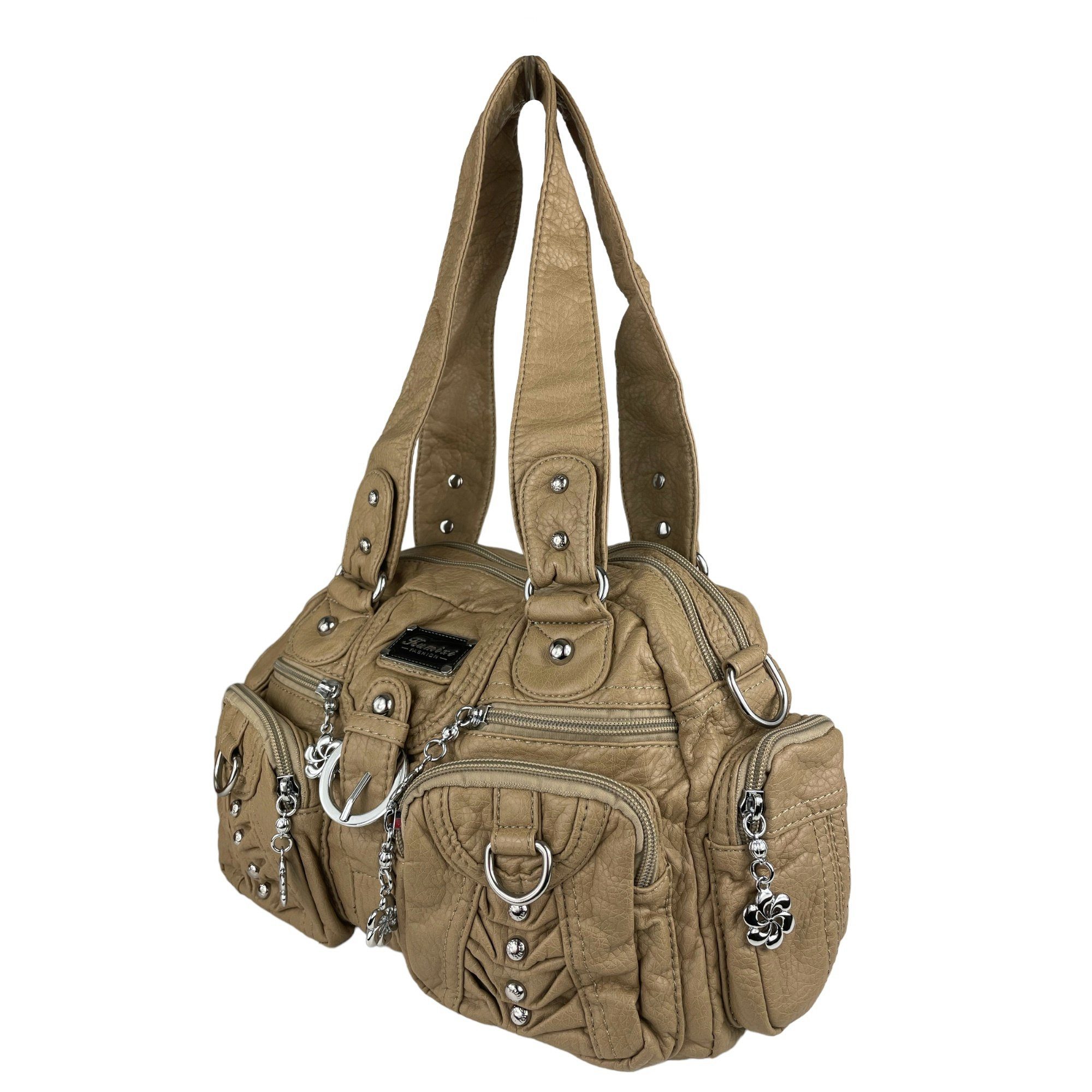 Taschen4life Schultertasche klassische Damen Handtasche (Schultertasche) mit Nieten AKW22032, viele Fächer, verstellbarer abnehmbarer Schulterriemen