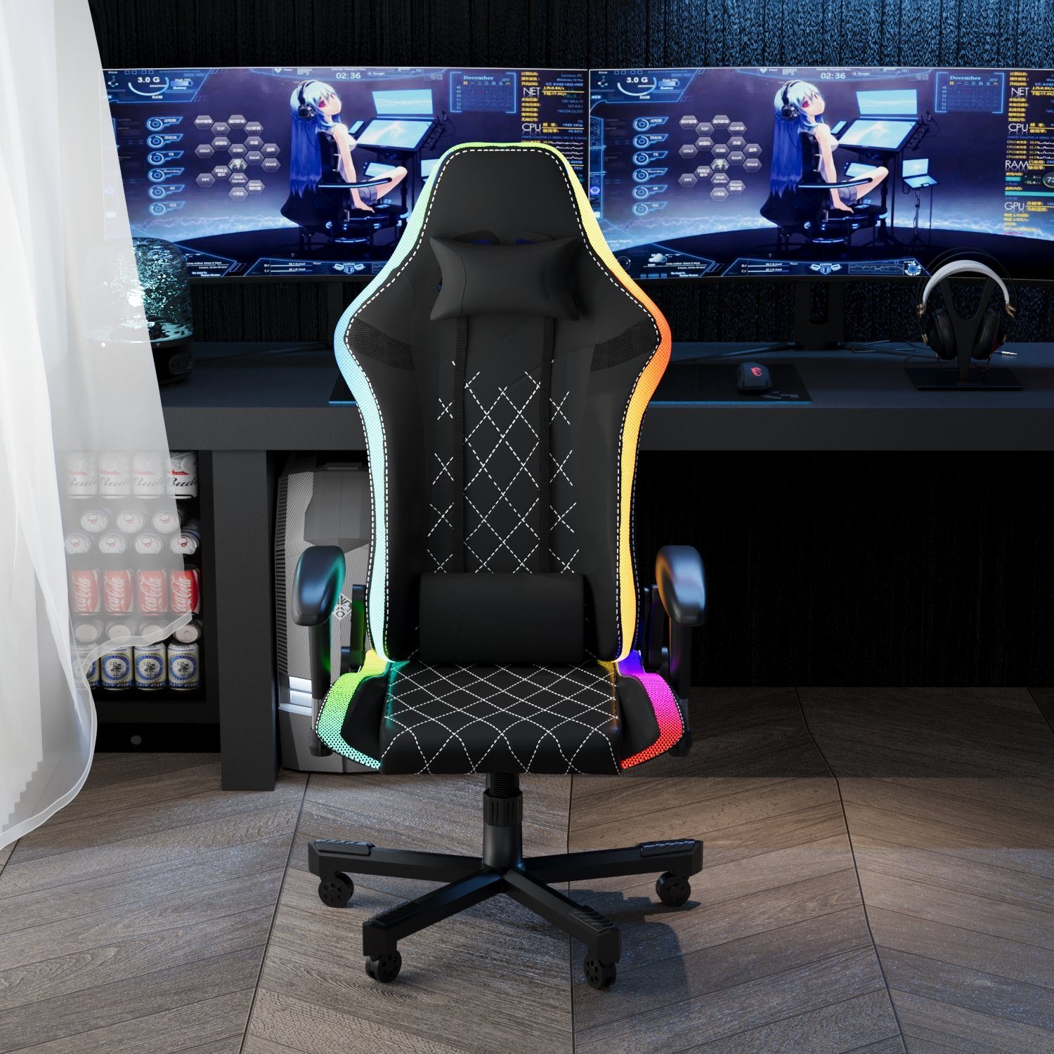 LED, Stuhl mit GUNJI für Chair PU-Leder Bürostuhl Belastbarkeit, 150 Gaming kg Gaming Schwarz
