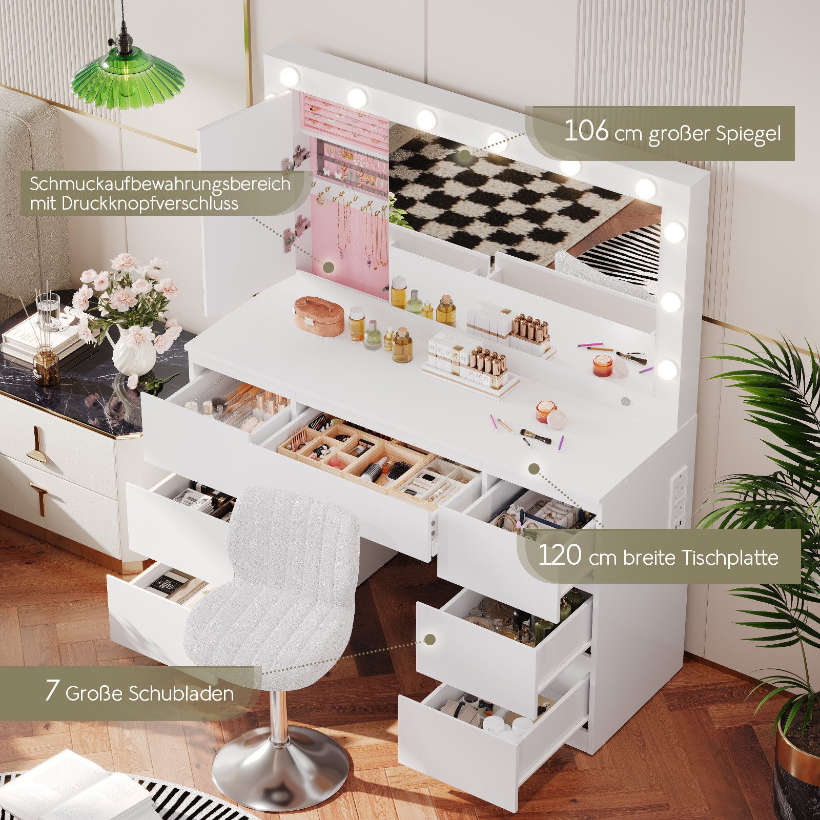 HOMALL Schminktisch mit großem Spiegel, 120 cm, 7 Schubladen, Schmuckschrank (XXL-Spiegel 106×51 cm (30×51 aufklappbar m. Schmuckschrank) · 120 cm · 7 Schublade – Bild 4 von 5