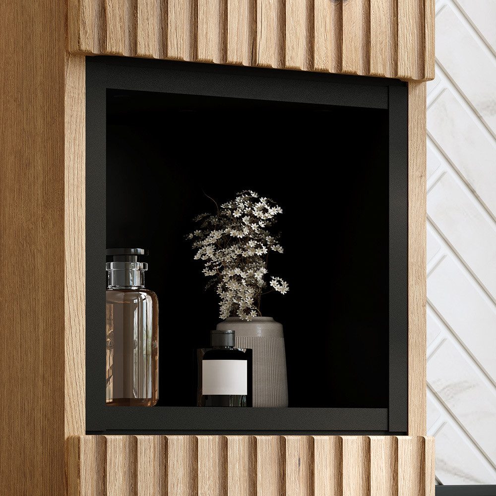 Lomadox Hochschrank NEWPORT-56-EVOKE Badschrank Eiche Rillen 30 cm Fach in Schwarz grifflos Softclose Türen – Bild 2 von 5