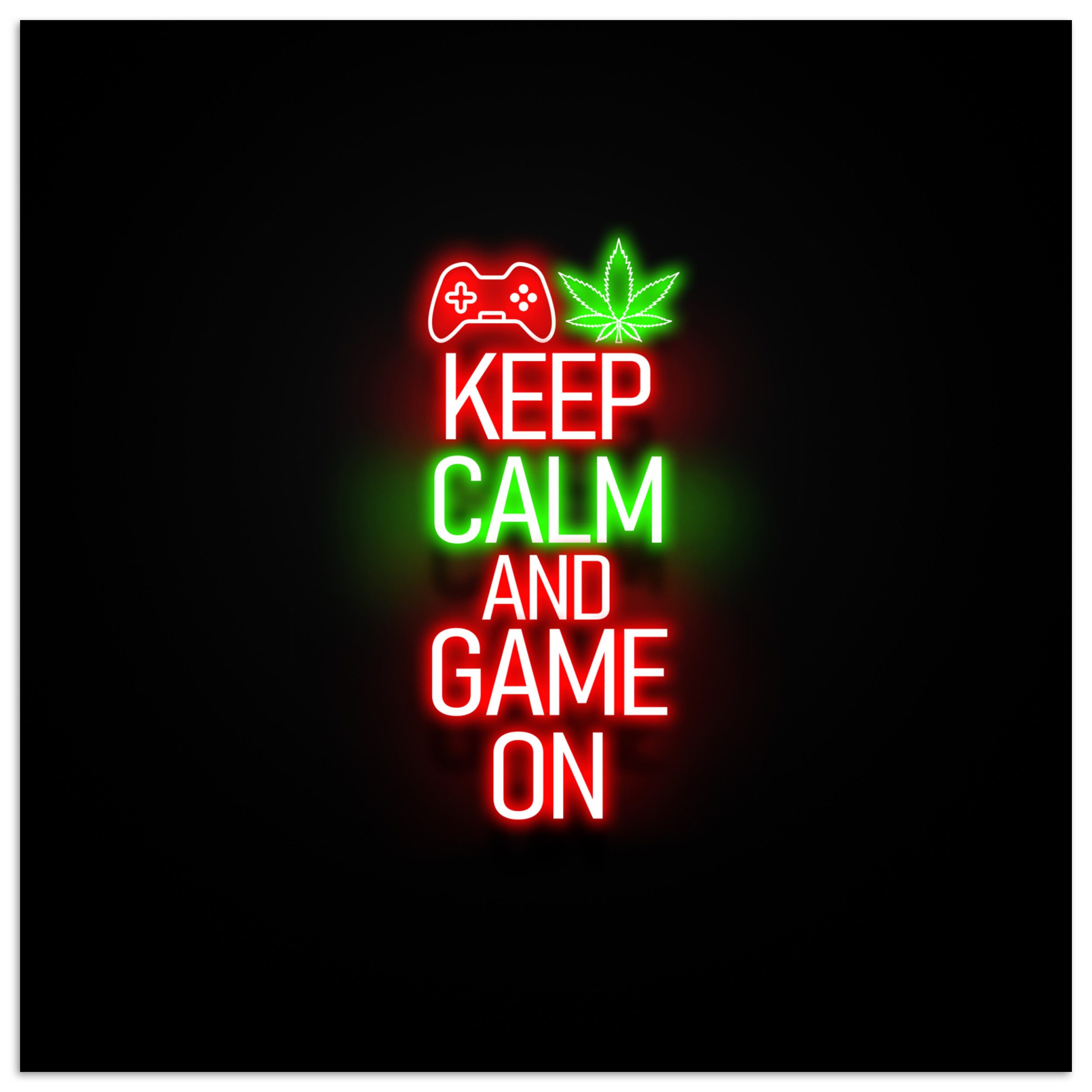 MuchoWow Poster Gaming - Neon - Ruhe bewahren und weiterspielen - Rot - Text, (1 St), Poster ohne Rahmen, Wandbild, Wandposter, 50x50 cm