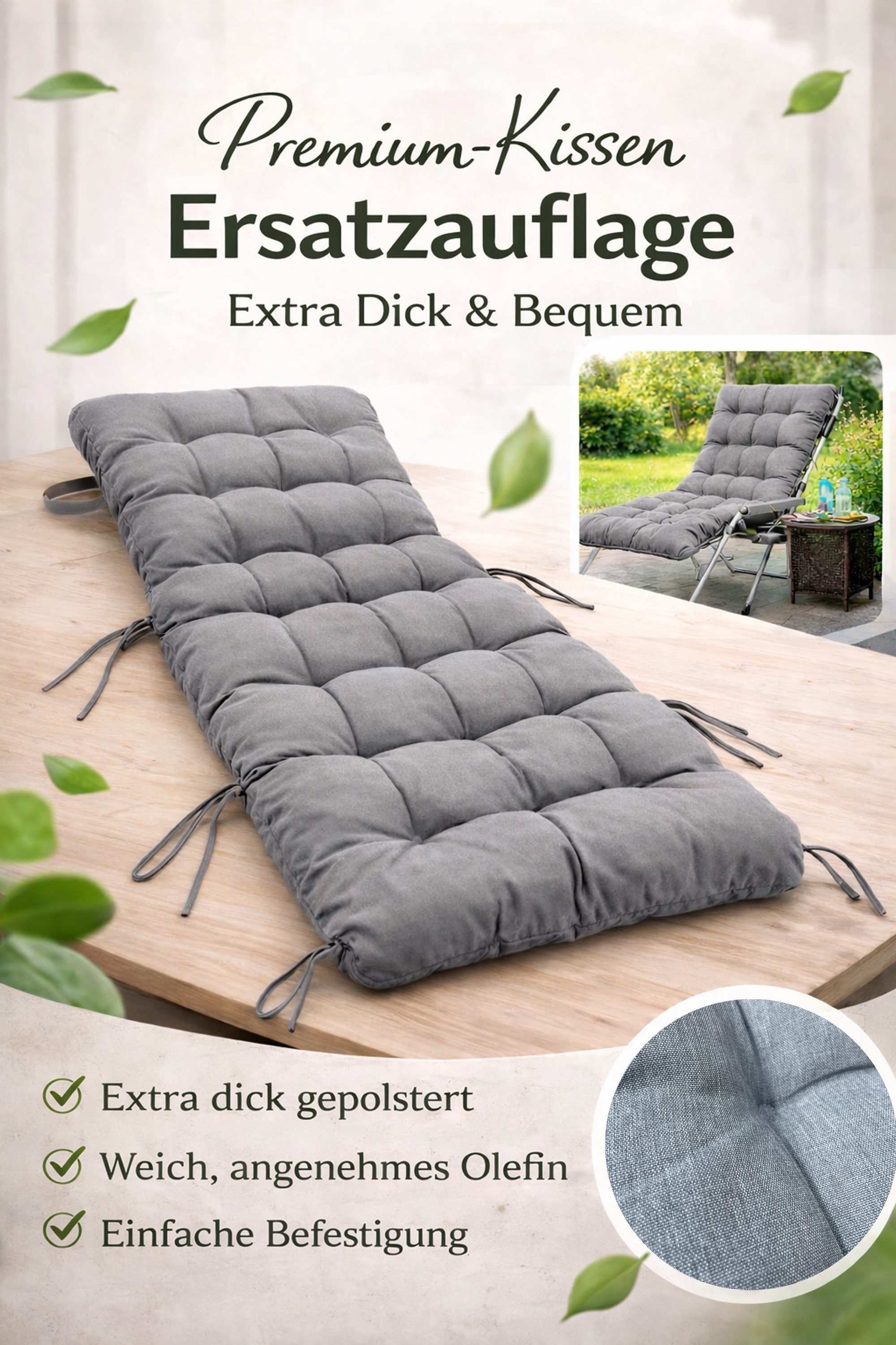 Quick Star Auflagekissen Liegestuhl Auflage - Anthrazit, Hellgrau, Creme, Leinen – Bild 3 von 5