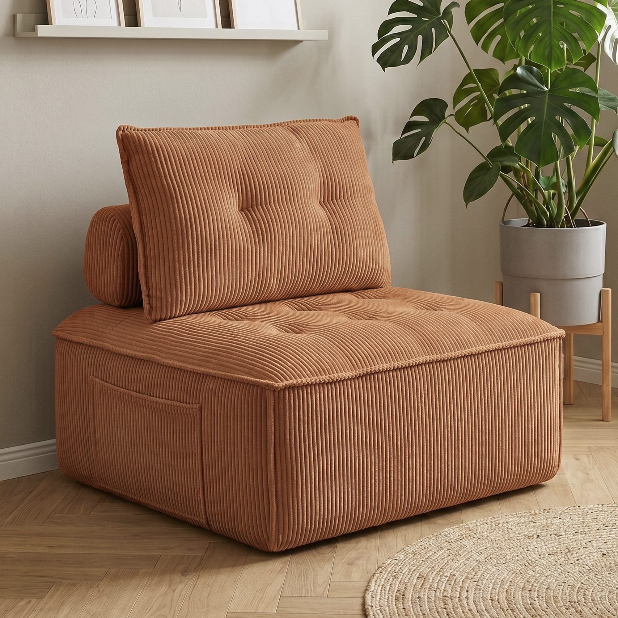 GLP Sitzsack Loungesessel aus Cord, 84 x 84 cm, mit Seitentasche, bis 150 kg (1 Teile, Ohne Montage), kompakter Bodensessel für Wohnzimmer, Schlafzimmer und kleine Räume