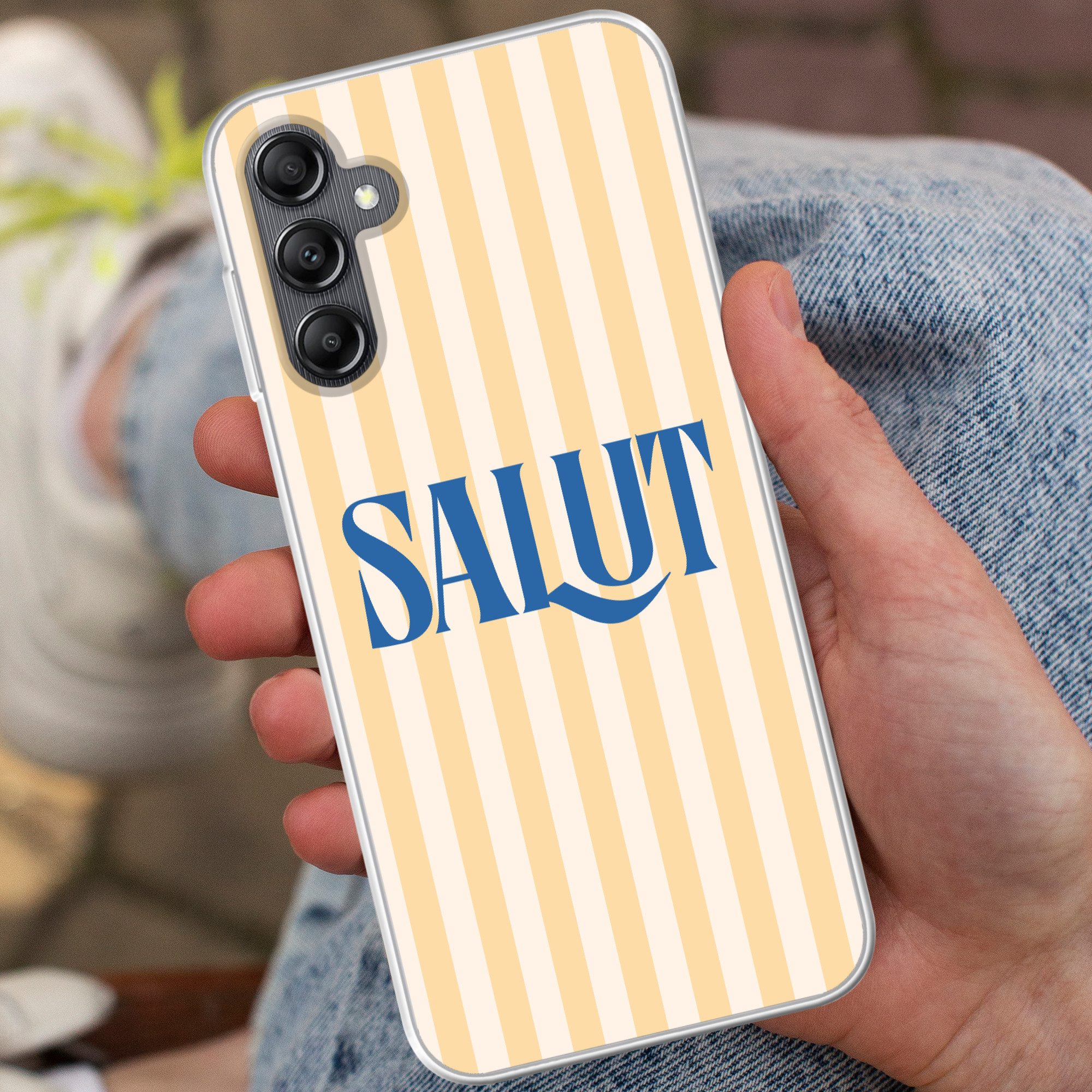MuchoWow Handyhülle für Samsung Galaxy A14 5G Salut - Zitat - Streifen - Gelb - Blau - Wei, Smartphone-Bumper, Print, Handy Schutzhülle Dünn