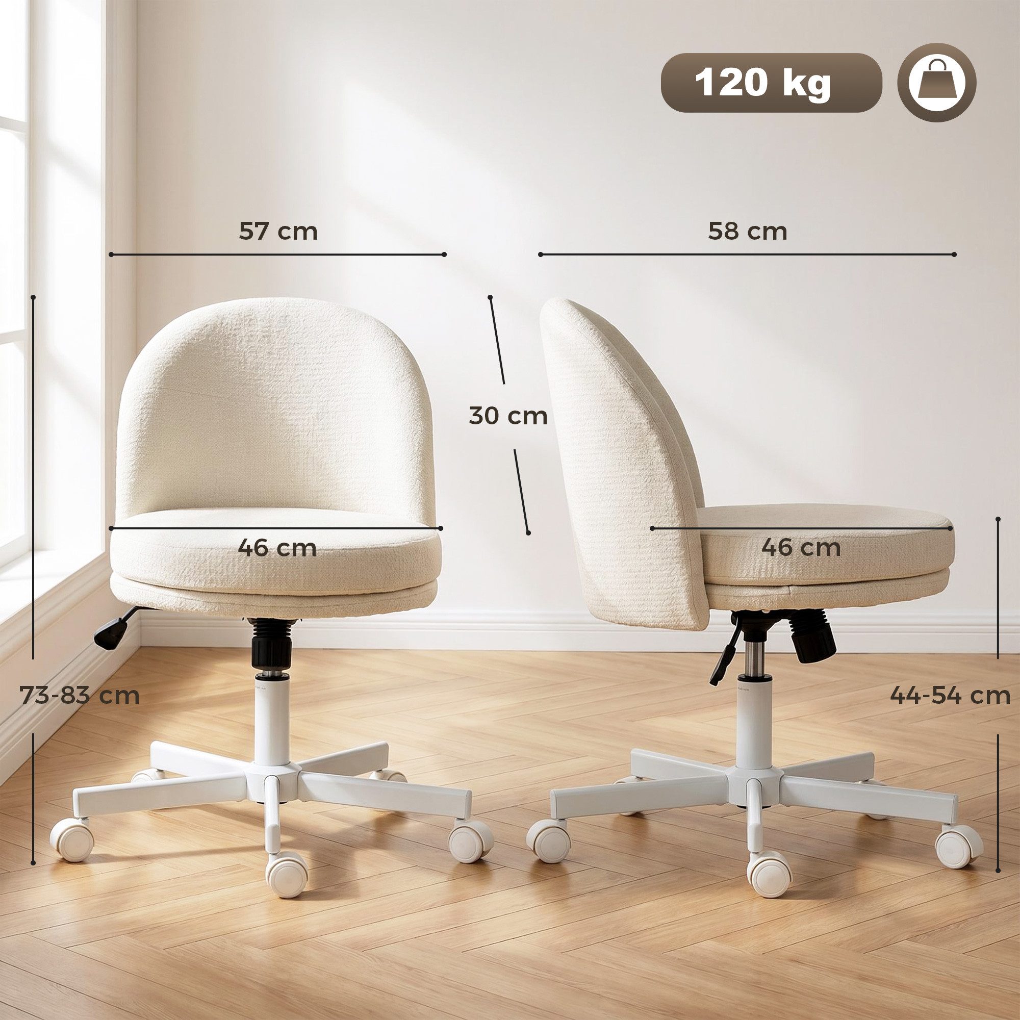 HOMCOM Bürostuhl Homeoffice Stuhl Schreibtischstuhl mit Chenille-Optik, Wippfunktion (Höhenverstellbar Drehstuhl, 1 St), bis 120 kg belastbar für Arbeitszimmer Schlafzimmer Creme