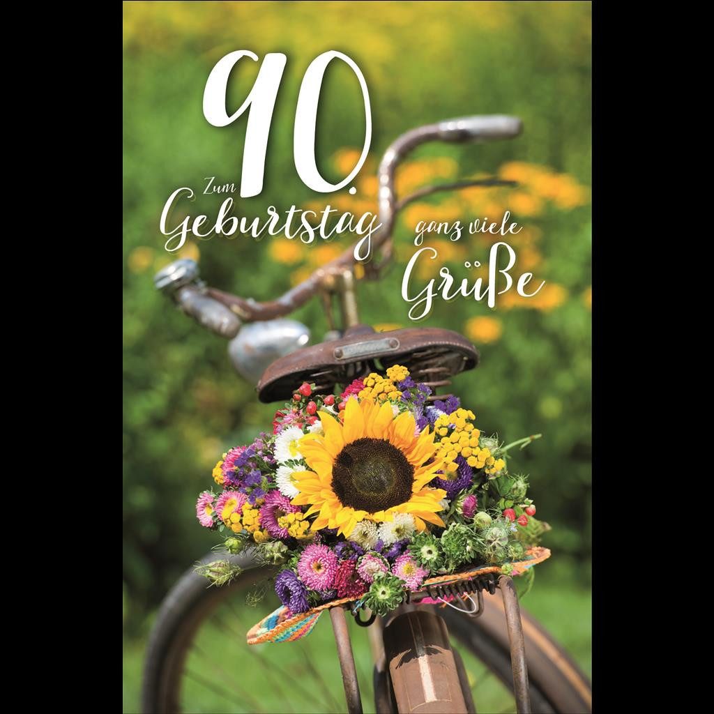 Skorpion Grußkarten 90. Geburtstag - Karte mit Umschlag - Blumen auf Fahrradgepäckträger