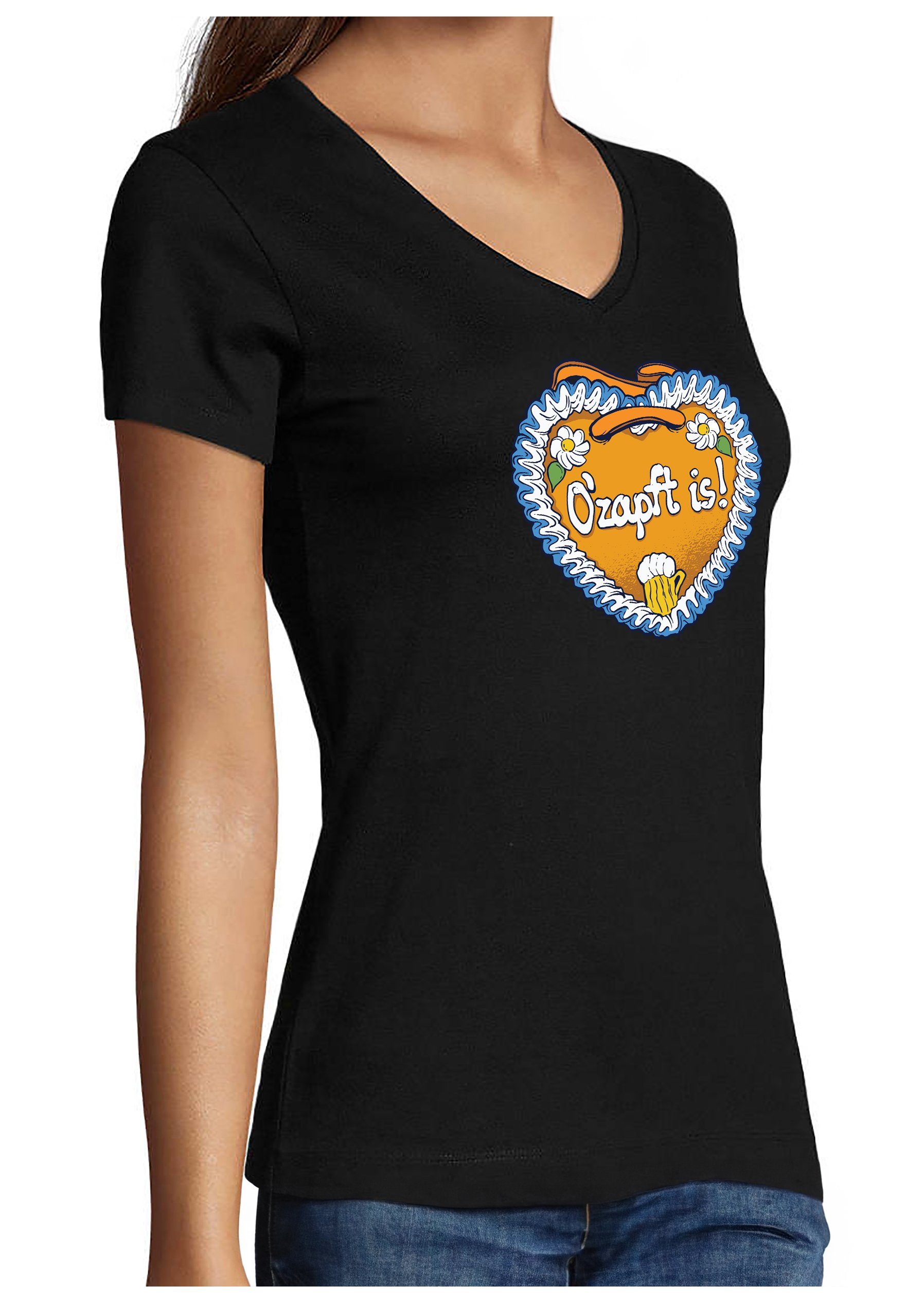 Herz is Oktoberfest O´Zapft i313 T-Shirt - Slim Print Damen schwarz Shirt mit T-Shirt V-Ausschnitt Lebkuchen MyDesign24 Fit,