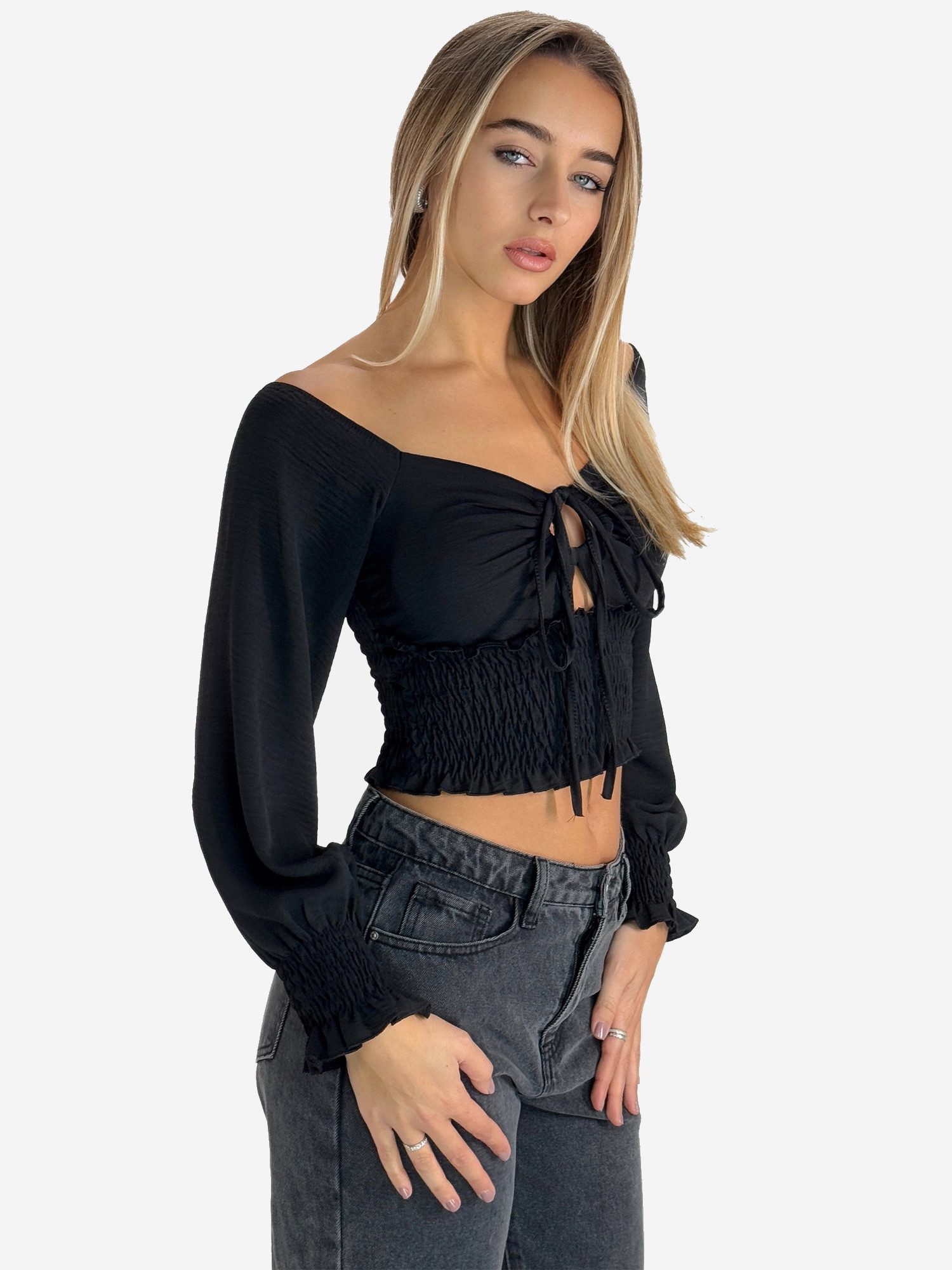 Elara Blusentop – Damen Crop Bluse mit Schnürung, Carmen-Ausschnitt und Puffärmeln