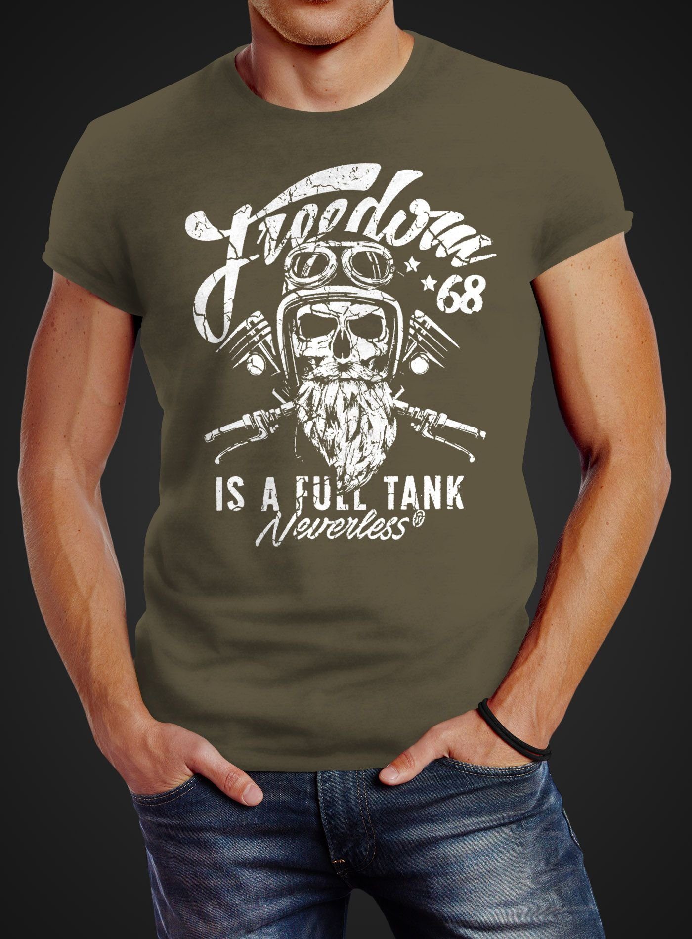 Slim full Freedom Motiv a Print Neverless mit Totenkopf T-Shirt Fit Biker Print-Shirt is Tank Motorrad Neverless® grün Herren Skull