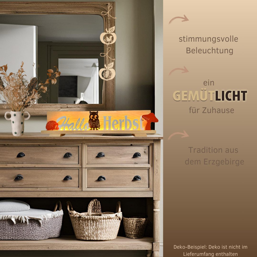 Weigla Dekofigur Фигуркиset "Herbst" für WEIGLA Dekosockel, aus Holz (Set, 5 St., Schriftzug „Hallo Herbst“, Eule, Igel & Pilz), Erzgebirge garantiert, Innendeko für den Herbst