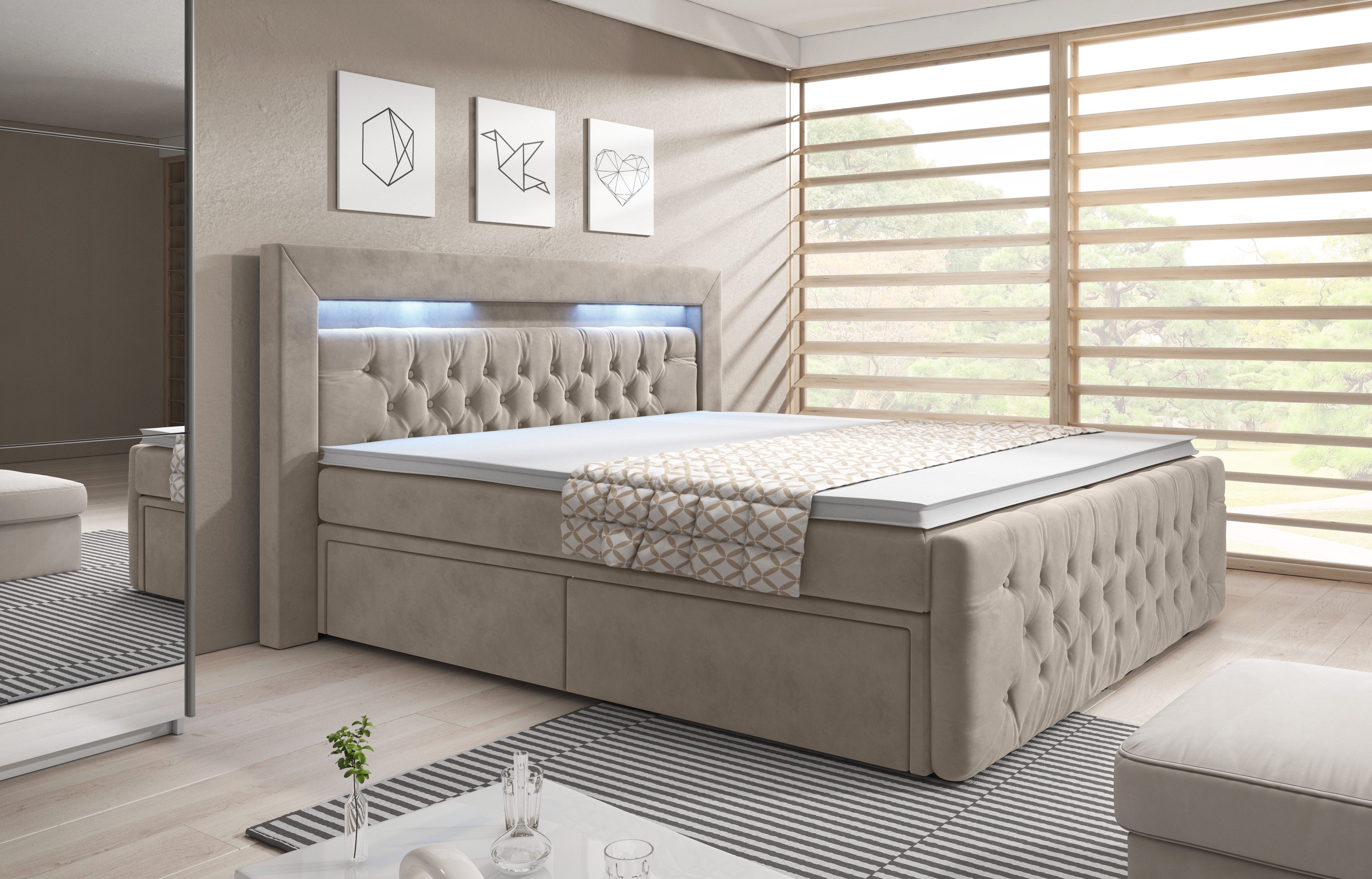 PROMETO Möbel Boxspringbett ARONA - Matratze, 2 Schubladen und Topper, LED und Chesterfield, mit 2 Schubladen, mit Topper und Matratze