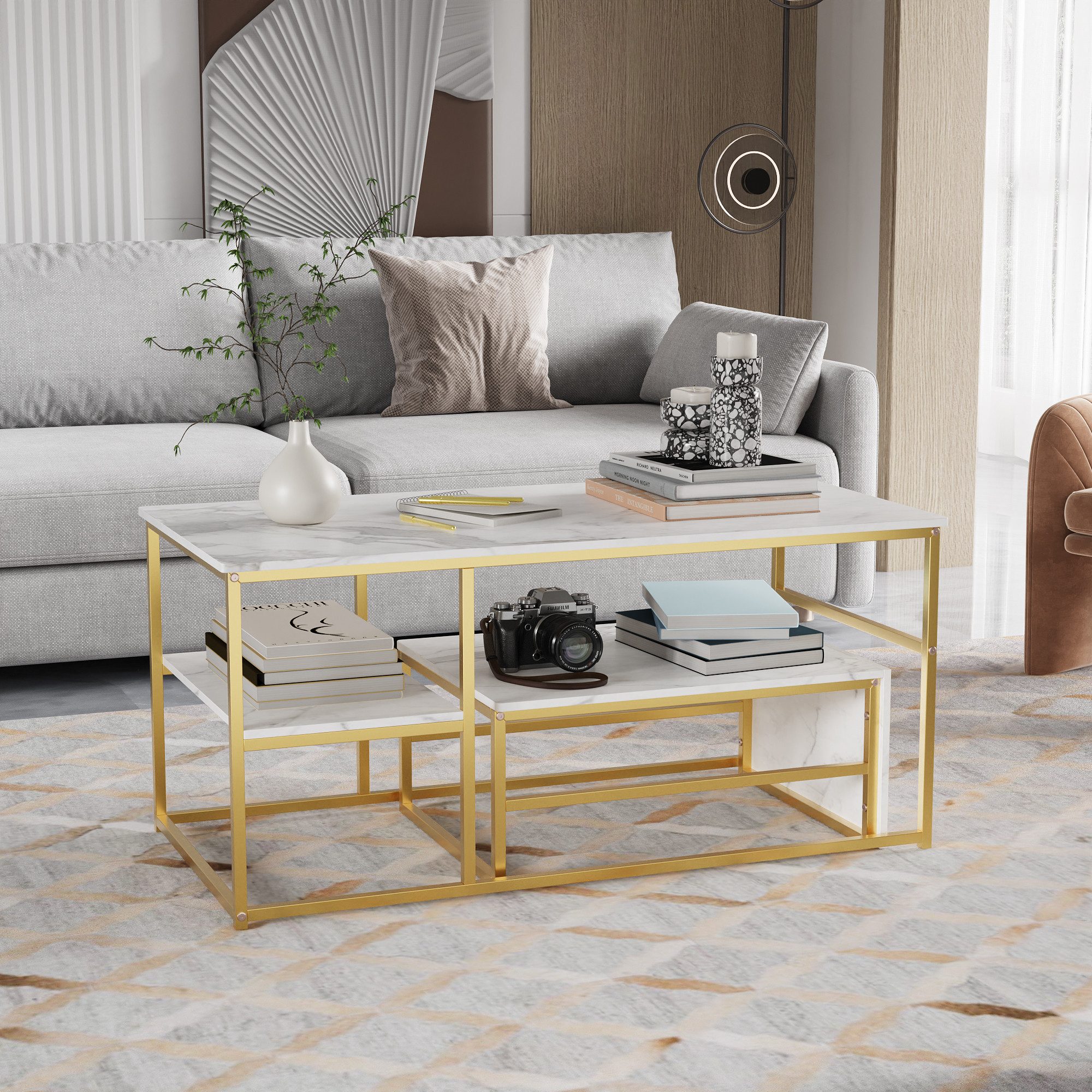 BELUPAI Couchtisch Rechteck Satztisch Beistelltisch Sofatisch (2-St), Wohnzimmertisch mit Marmormuster Tischplatte,Gold Stahlrahmen