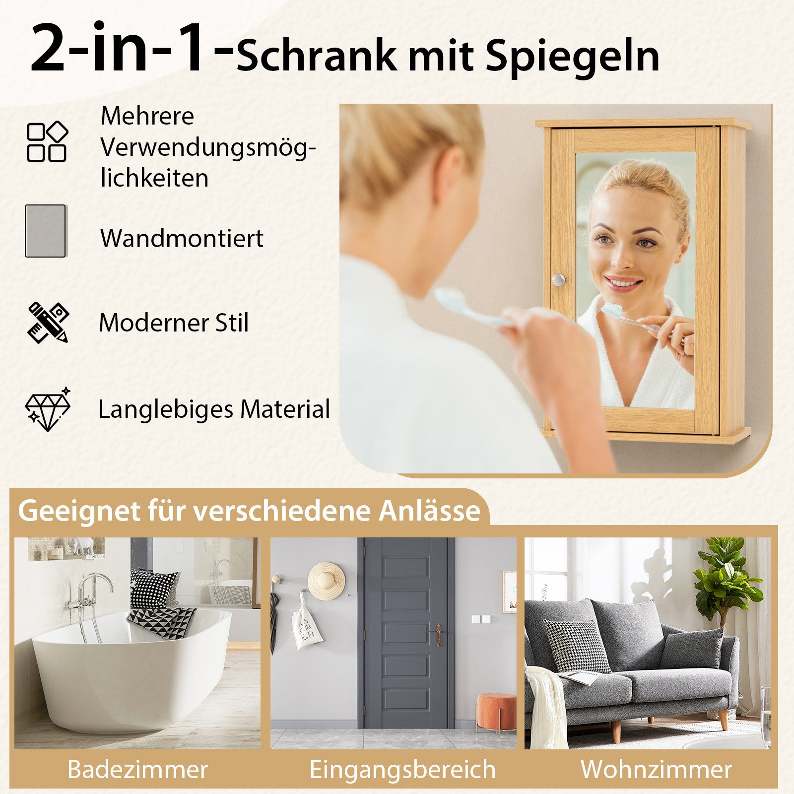 COSTWAY Spiegelschrank Bad Badezimmerschrank mit Tür, verstellbarer Ablage