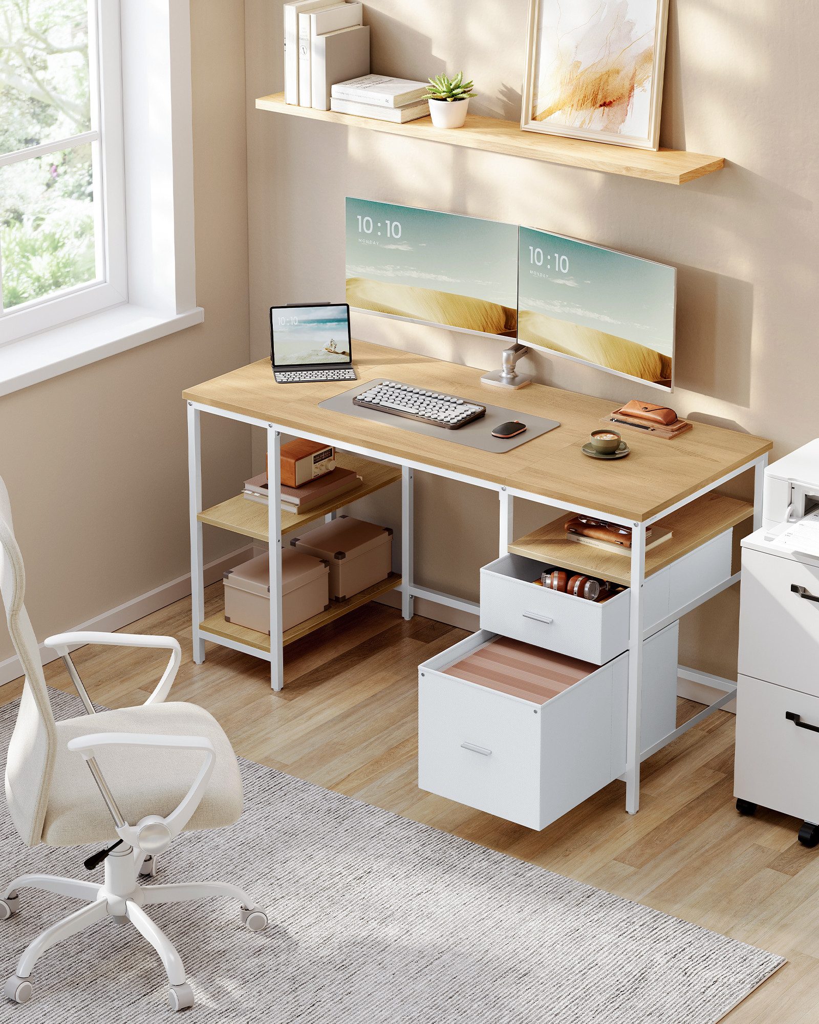 VASAGLE Schreibtisch Computertisch, Bürotisch, mit 3 Ablagen, 2 Schubladen, günstig online kaufen