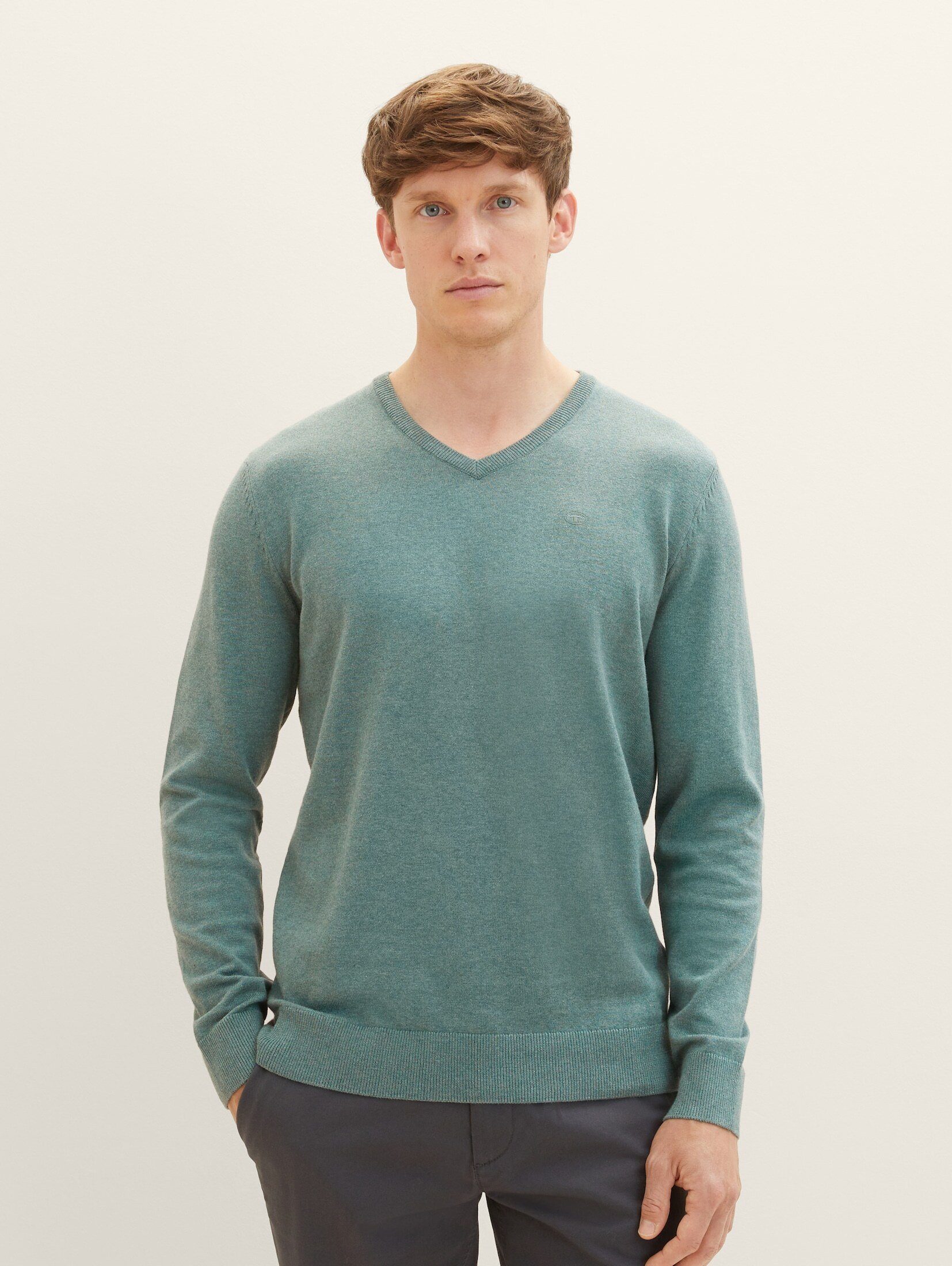 dust TAILOR TOM melange Pullover green Melierter Strickpullover mit V-Ausschnitt