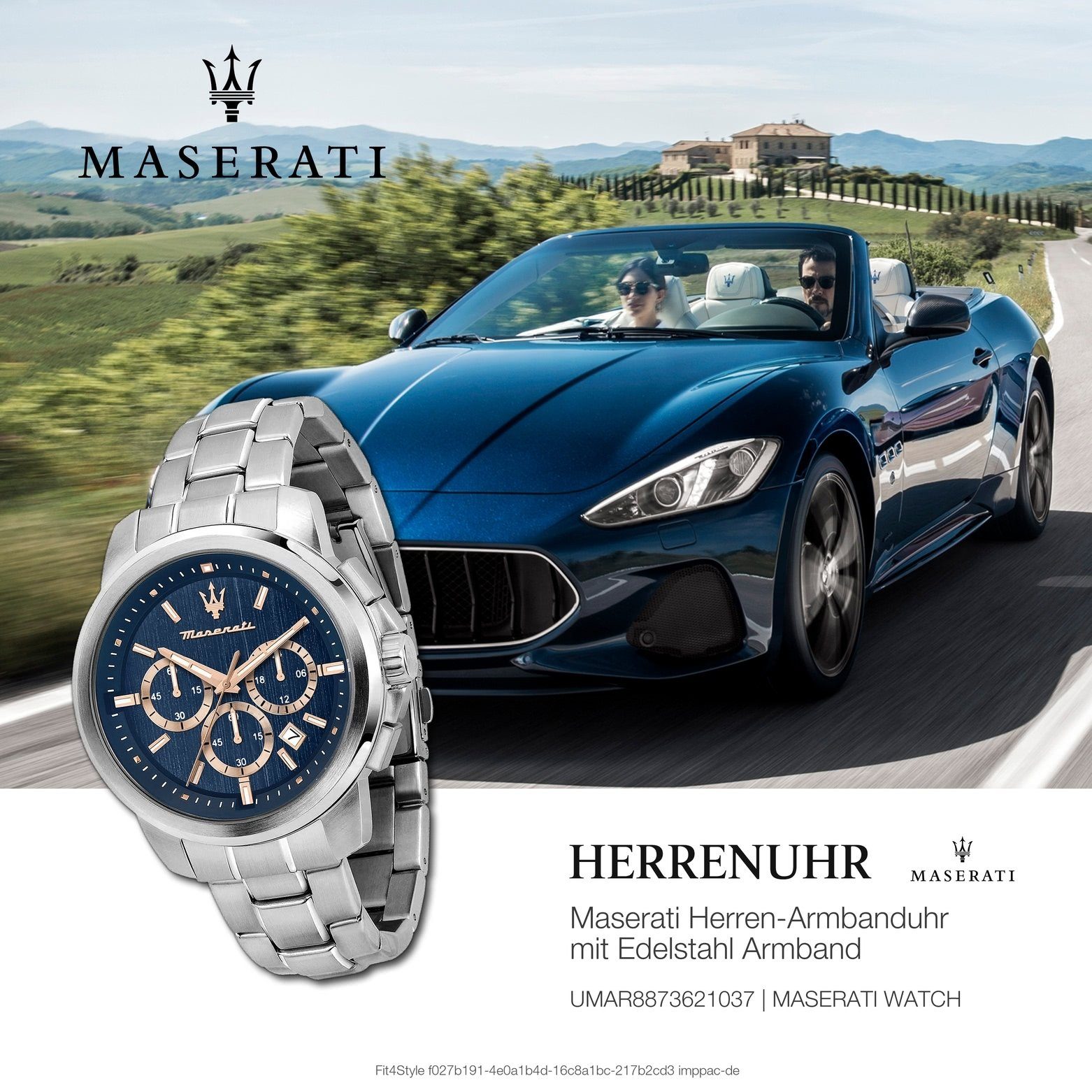 MASERATI Chronograph Maserati Chrono, Herrenuhr Herrenuhr groß Italy Successo silber blau, rund, roségold, 44mm) Made-In (ca. Edelstahlarmband