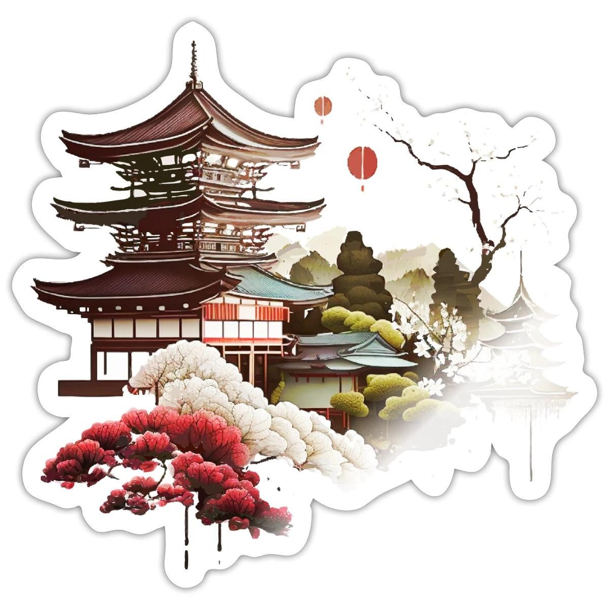 Spreadshirt Aufkleber Japanische Tempelromantik Mit Blütenzauber Sticker Aufkleber