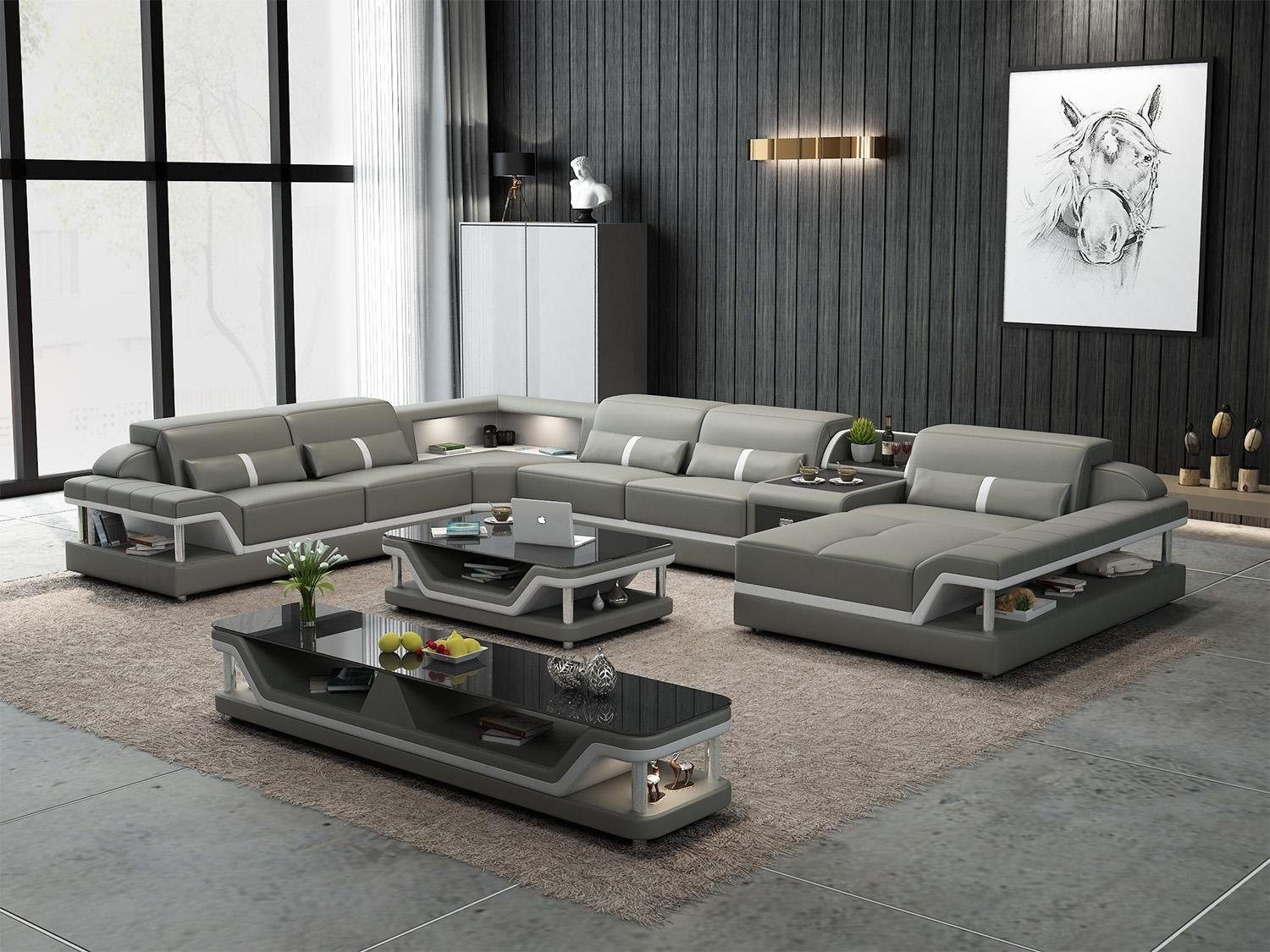 Silber/Weiß JVmoebel Wohnzimmer-Set, Ecksofa Wohnlandschaft Form Design Couchtisch Sideboard U