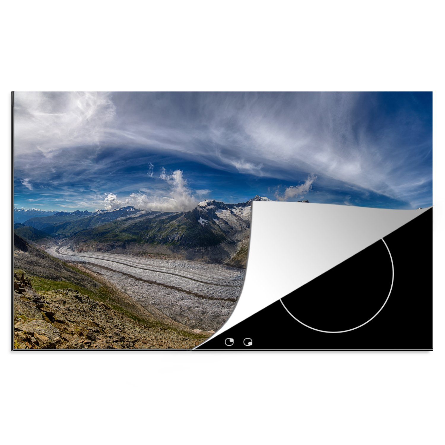 MuchoWow Herdblende-/Abdeckplatte Panorama des Aletschgletschers in der Schweiz mit blauem Himmel, Vinyl, (1 tlg), 78x52 cm, Mobile Arbeitsfläche nutzbar, Ceranfeldabdeckung