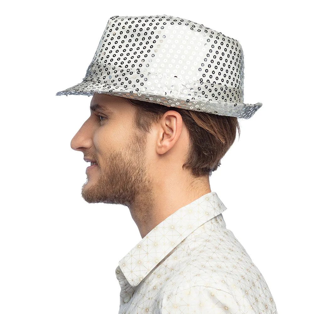 Boland Kostüm Pailletten-Hut glitzernd Popstar Hut silberfarben für Karneval Disco, farbenfrohes Basic-Accessoire für Karneval, Disco und Festivals