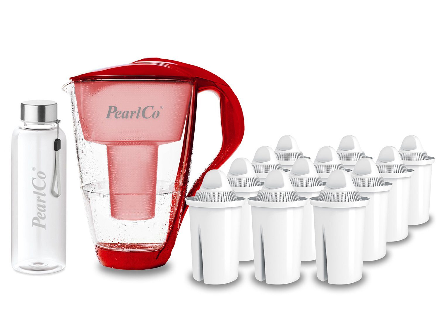 PearlCo Wasserfilter Glas Wasserfilter inkl. 12 Universal Kartusche plus Glasflasche