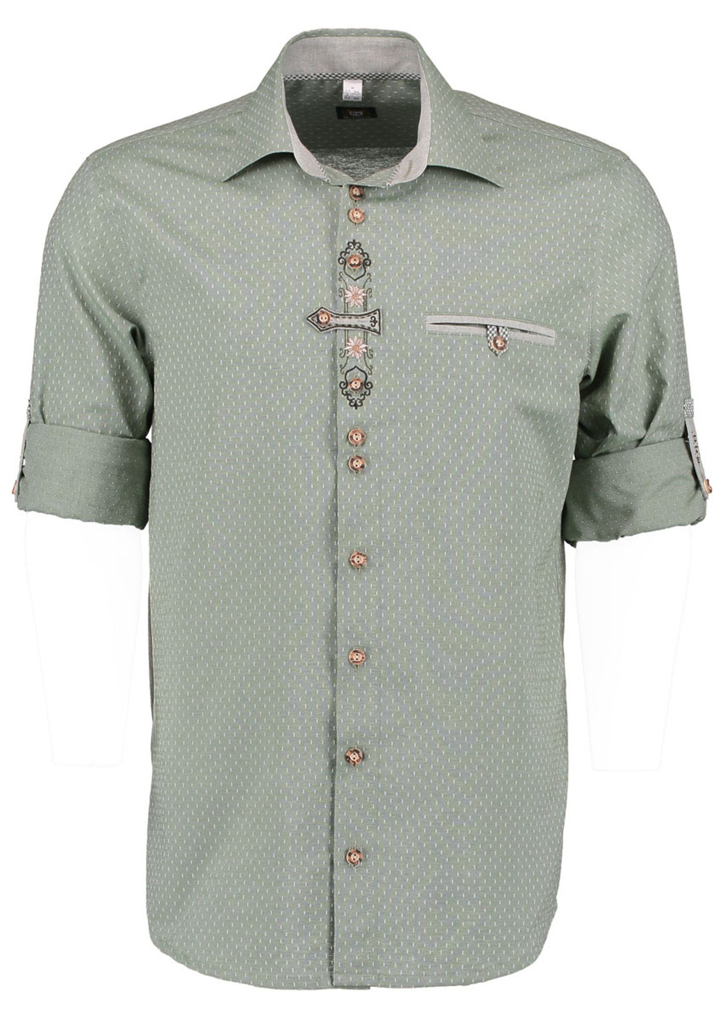Langarmhemd auf OS-Trachten Knopfleiste der Olore Edelweiß-Stickerei khaki/schlamm Trachtenhemd mit