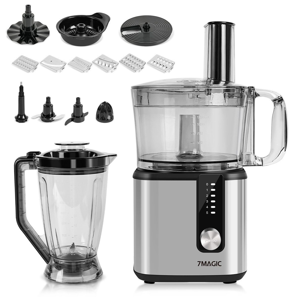 7MAGIC Küchenmaschine 9 in 1 Multifunktional Food Processor, Kompakt Küchenmaschine, 750 W, inkl. Zerkleinerer, 1,8L mixerbecher und weiteres Schneidzubehör