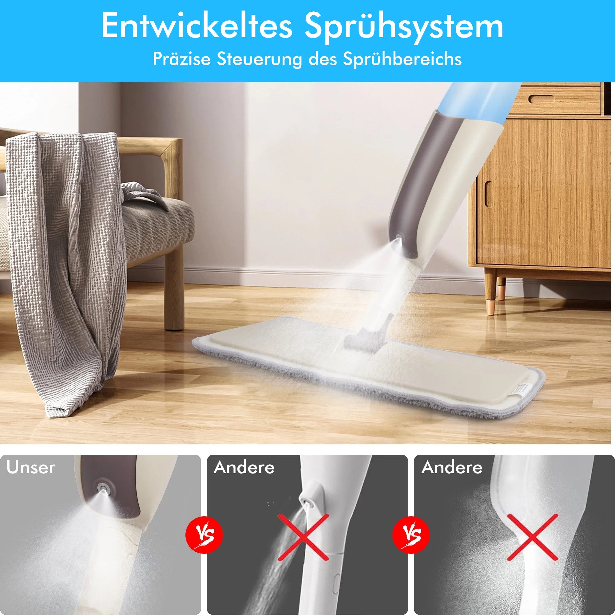 HUGERSTONE Sprühwischer Nasswischer Bodenwischer, Wischmopp mit Sprühfunktion (mit 3 Waschbaren Mikrofaser Pads für alle Böden) 360 Grad Rotierender Wischmopp Spray Mop
