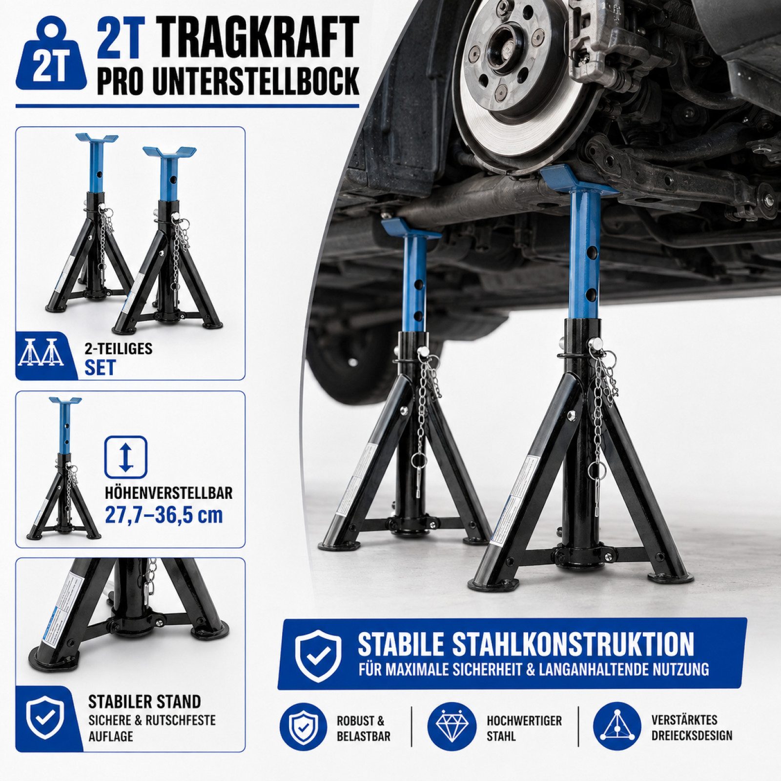 Bituxx Unterstellbock Unterstellböcke 2000 kg Schwarz / Blau, 2000 kg max. Belastbarkeit, (Set, 2-St., MS-19921) – Bild 5 von 5