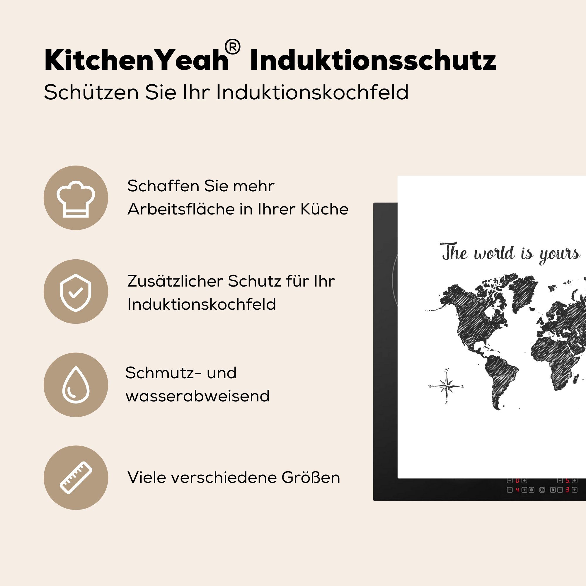 MuchoWow Herdblende-/Abdeckplatte Weltkarte - Schwarz Zitat, und 78x78 tlg), weiß für (1 küche cm, Vinyl, Arbeitsplatte Ceranfeldabdeckung, 