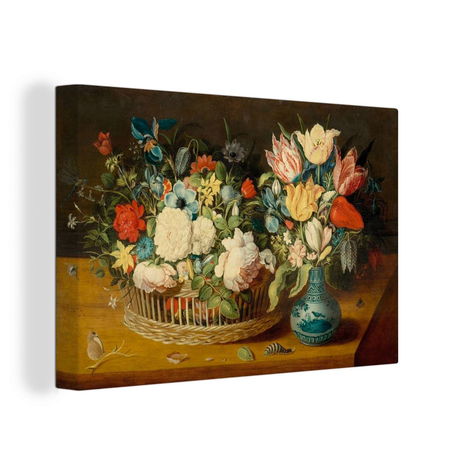 OneMillionCanvasses® Leinwandbild Stilleben mit Blumenkorb und Vase - Gemälde von Osias Beert, (1 St), Wandbild Leinwandbilder, Aufhängefertig, Wanddeko, 30x20 cm