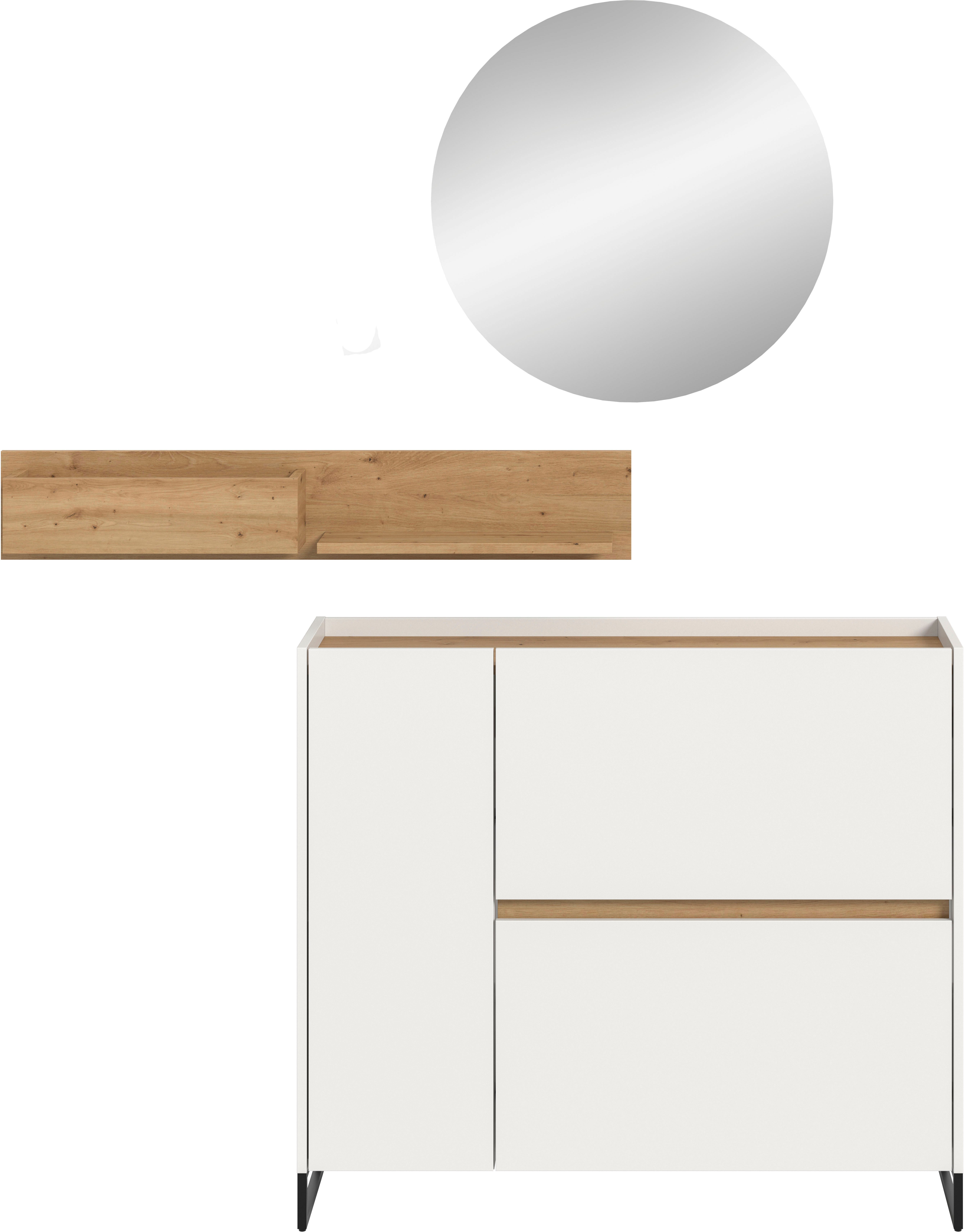 Home affaire Garderoben-Set EVRID, 3-teilig, Breite 140 cm, individuell stellbar & erweiterbar, (3-St., best. aus: Kommode, Wandboard & Spiegel), Garderobenkombination, Garderobe, Wandgarderobe, Flur, Diele