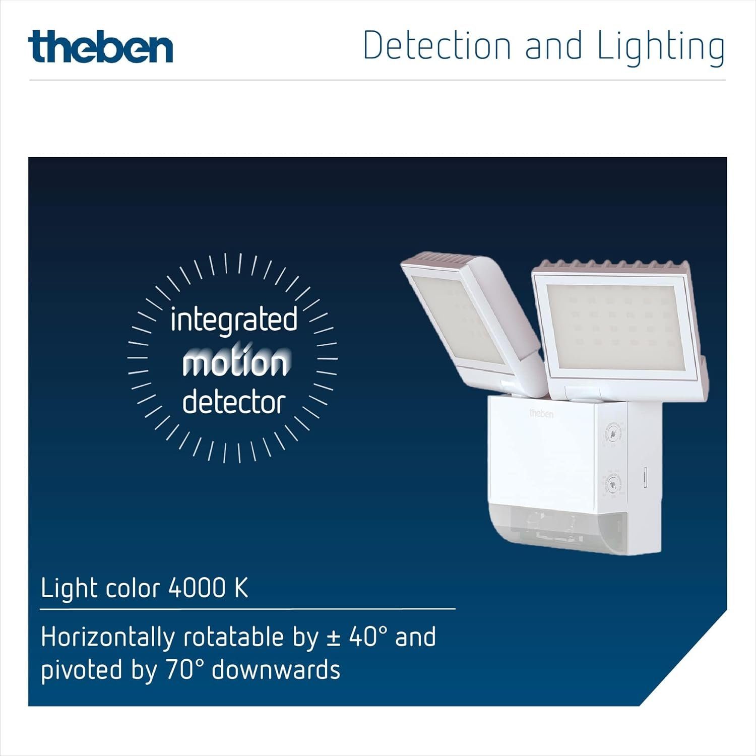 theben LED Wandstrahler LED-Wandleuchte theLeda S17-100 WH 1020802, horizontal um ± 20/45° drehbar / um 70° nach unten schwenkbar, 180° Erfassung, 10 m Reichweite, LED fest eingebaut, neutralweiß, außen, integrierter Bewegungsmelder, 17 W, weiß
