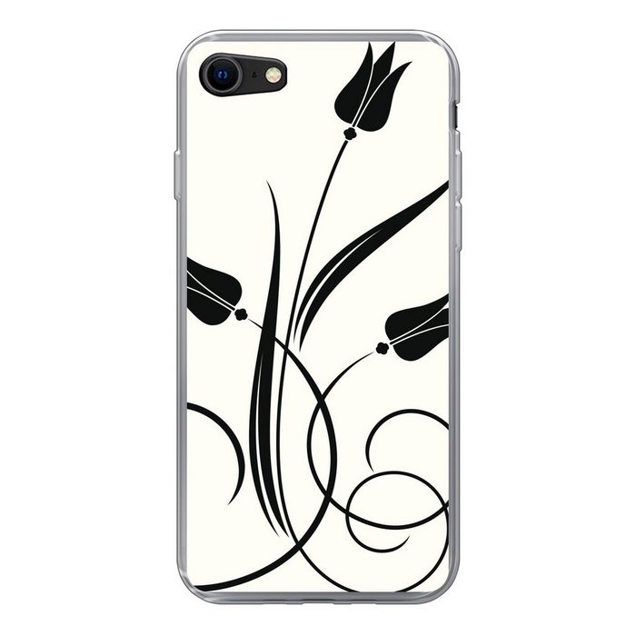 MuchoWow Handyhülle Eine Illustration von schwarzen Tulpen auf einem weißen Hintergrund Handyhülle Apple iPhone SE (2020) Smartphone-Bumper Print Handy