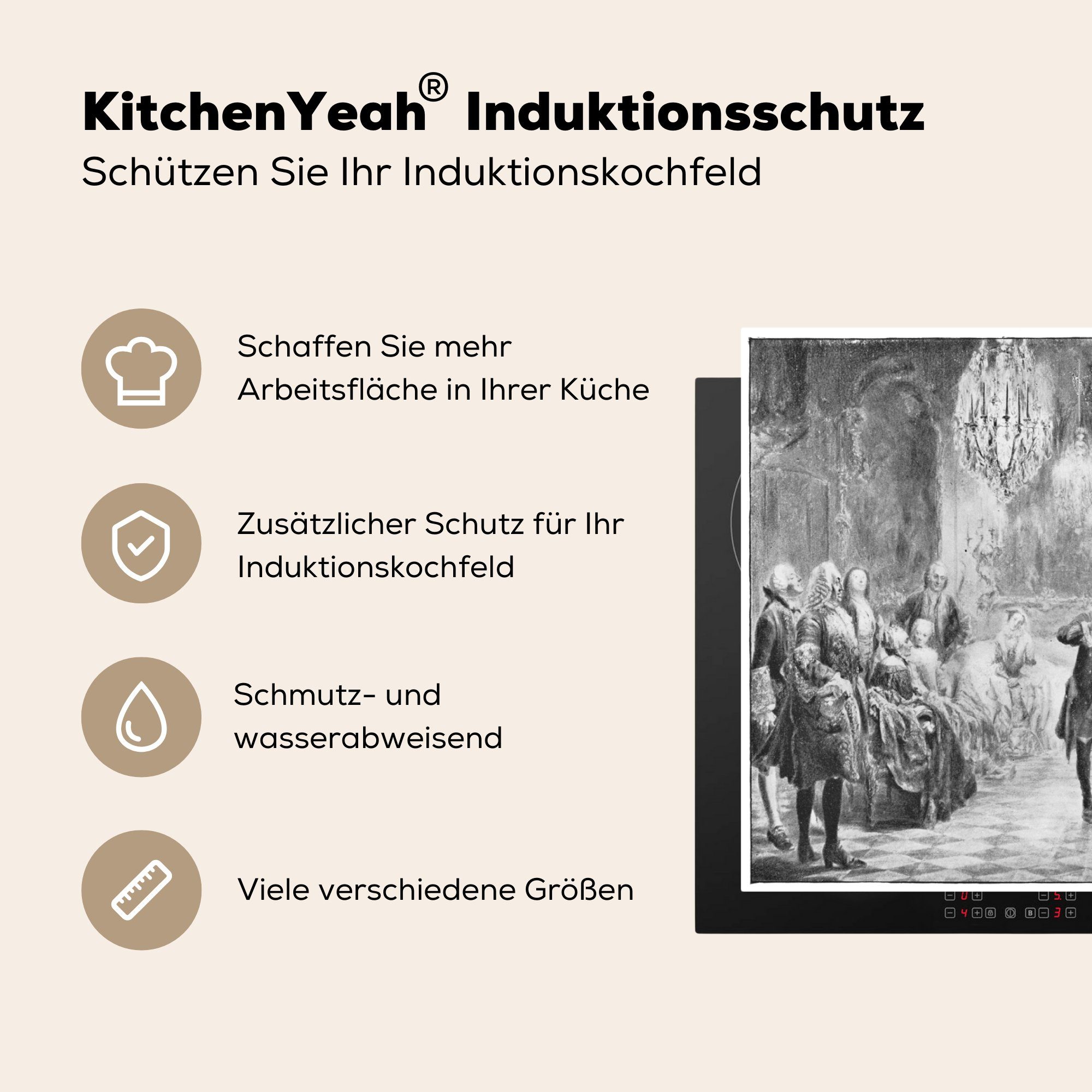 cm, Sanssouci Eine für des Potsdam, küche, in Schlosses Herdblende-/Abdeckplatte 81x52 die (1 tlg), Induktionskochfeld Ceranfeldabdeckung Schutz MuchoWow antike Illustration Vinyl,