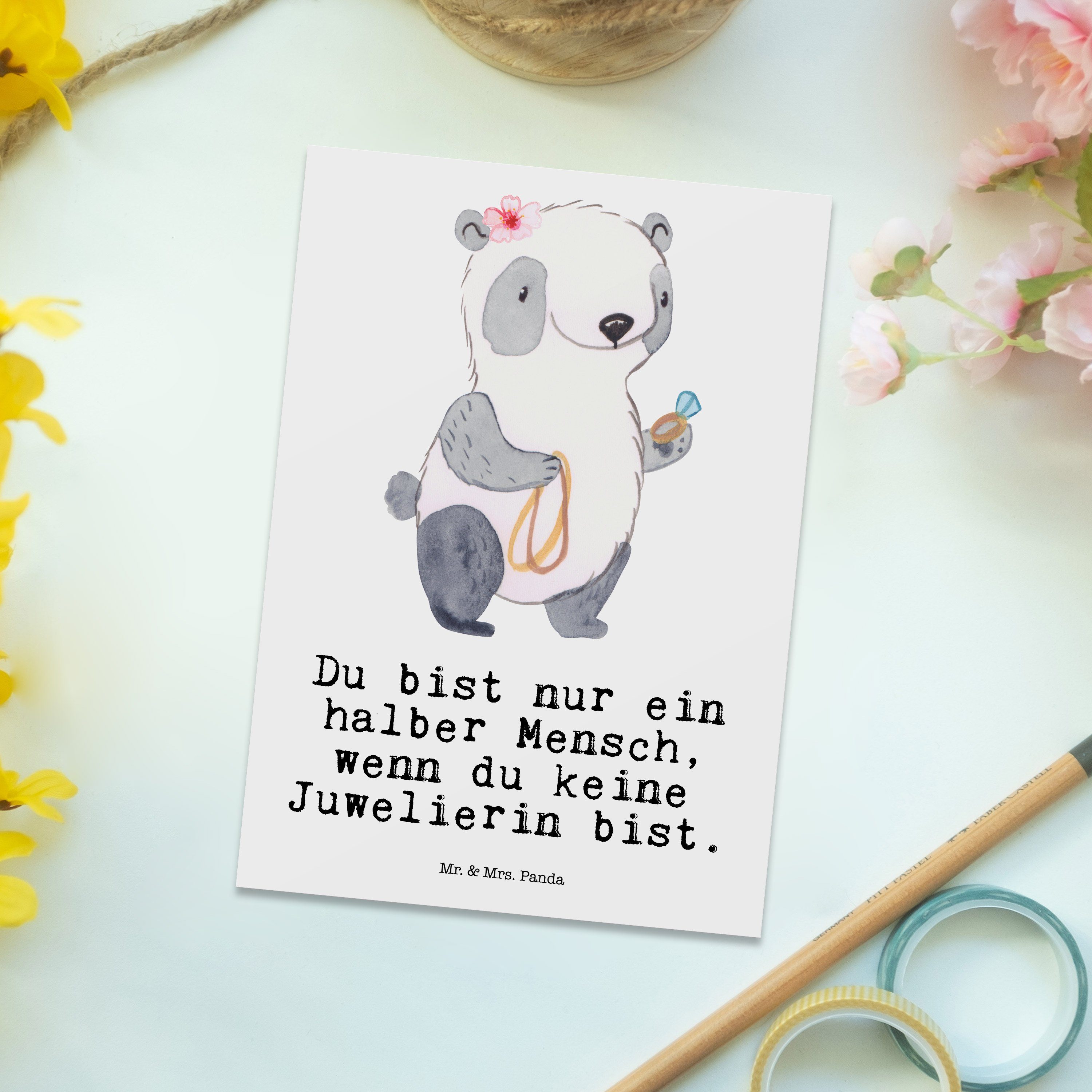 Postkarte Mrs. Mr. - mit Herz & Firma, - Panda Weiß Geburtstagskarte, Golds Juwelierin Geschenk,