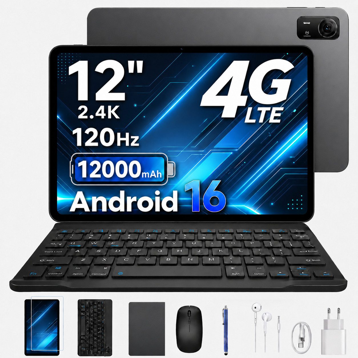 POCKAM P12 Pro tablet 12 zoll 4G SIM Android 16 Tablet mit Tastatur 12000mAh Tablet (12", Android 16, Wifi, Unisoc T7300 Octa-Core, 13MP+8MP, Face ID, 4G LTE, 12GB+256GB/2TB)