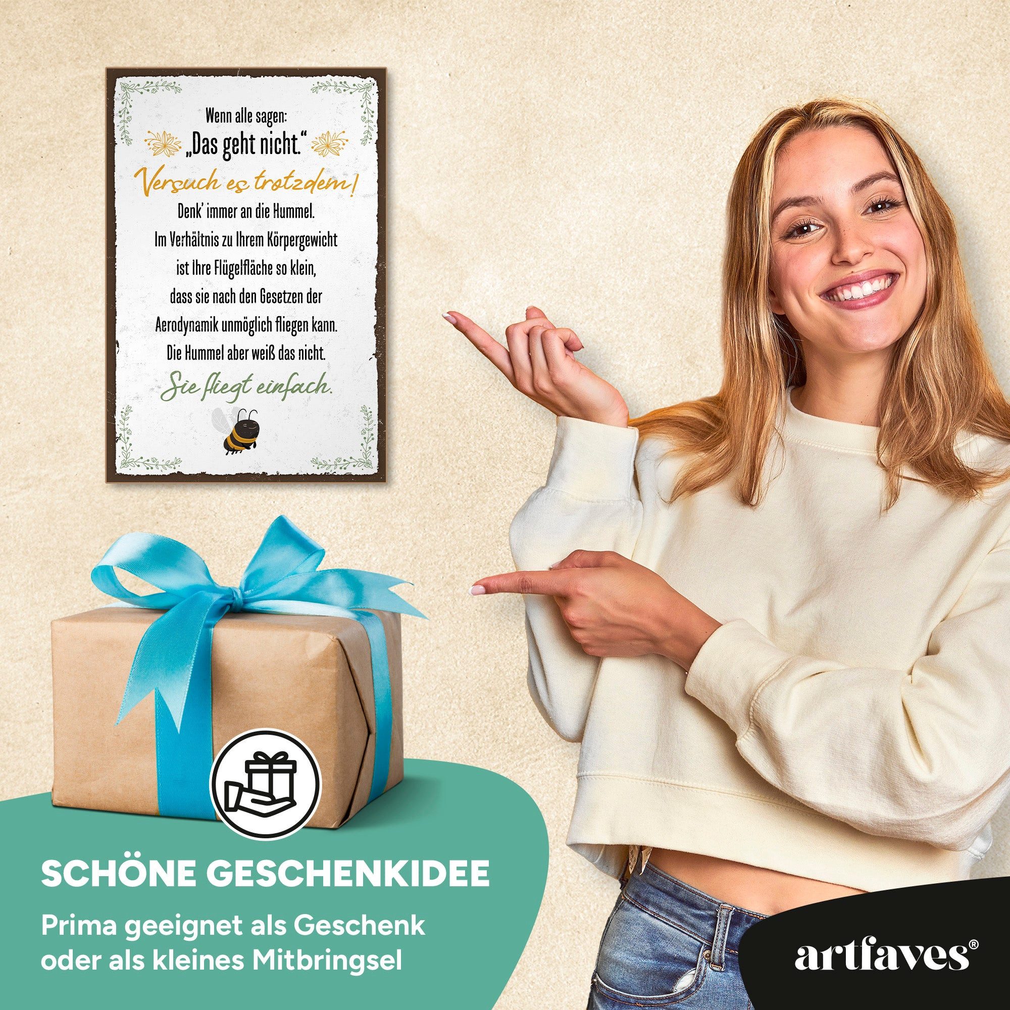 ARTFAVES Holzbild Schild mit Spruch - Hummel fliegt einfach - Glücklichsein, Motivation – Bild 4 von 5