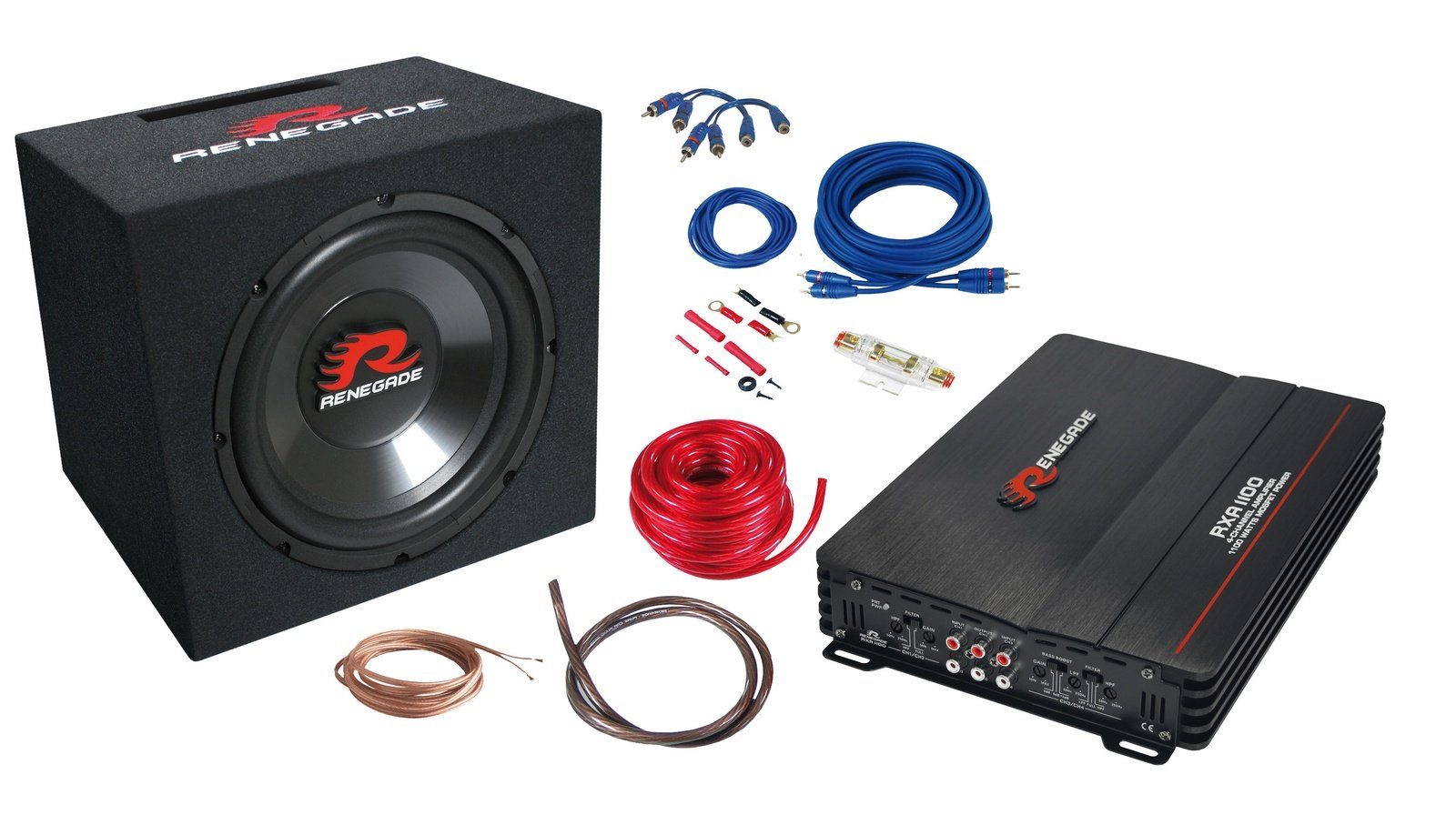 Renegade Mehr Bass Komplettset Endstufe + Subwoofer + Kabel Auto-Subwoofer