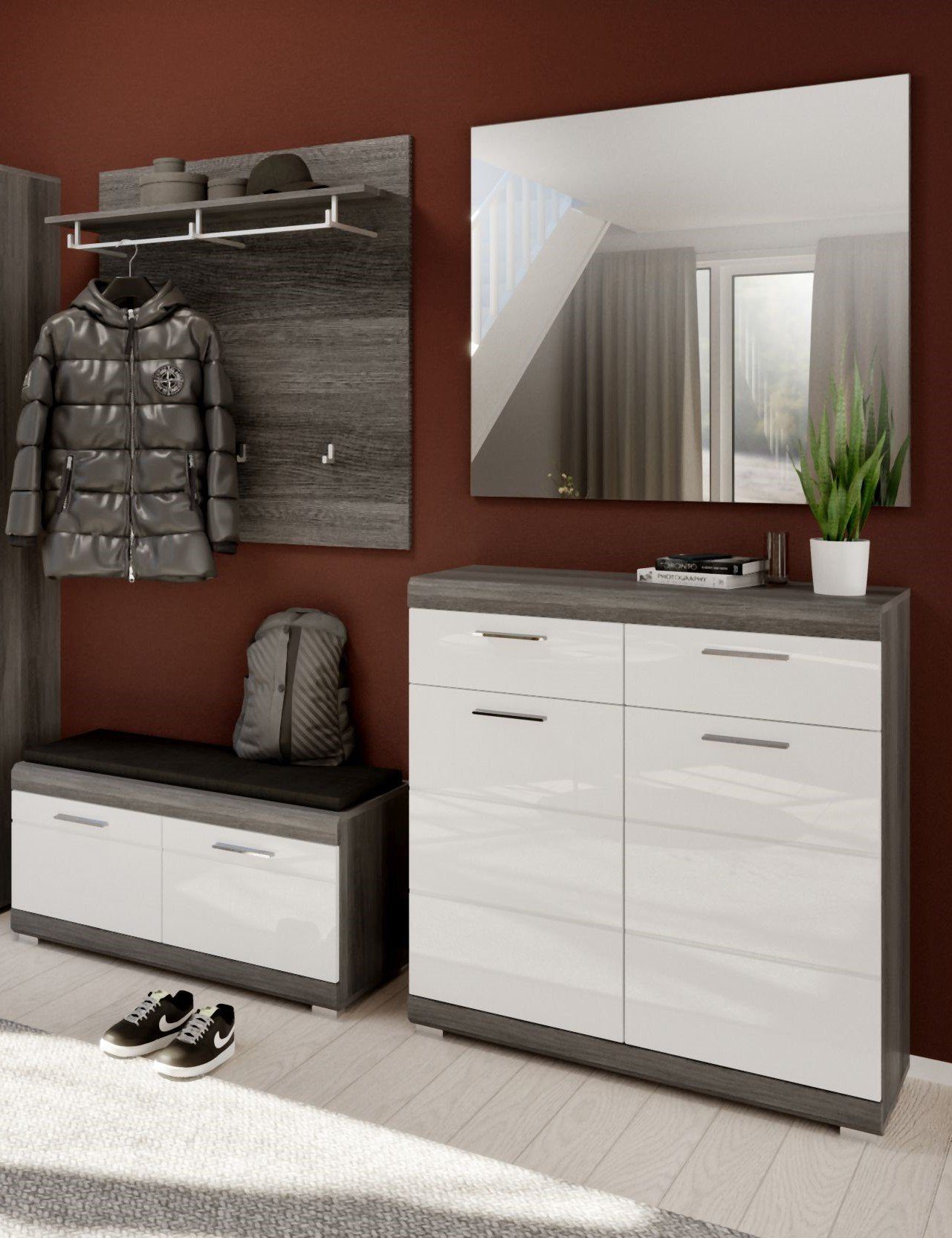 xonox.home Garderoben-Set Garderobenmöbel-Set SCOUT 4-teilig - weiß Hochglanz/Rauchsilber Dekor, (Komplett-Set, 4-St., Schuhschrank, Garderobenpaneel, Sitzbank, Spiegel)