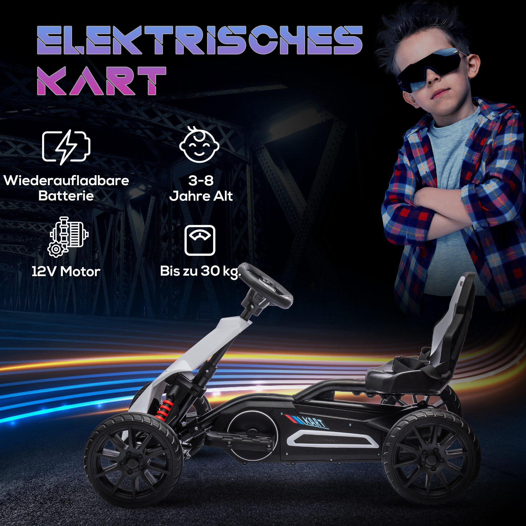 HOMCOM Electric Kids' Car, Electric Go-Kart with 2 Modes, Safety Belt, Steering Wheel, 30 kg Weight Capacity, (1 piece), 12 V, 3-5 km/h, for children aged 3-8 years, White