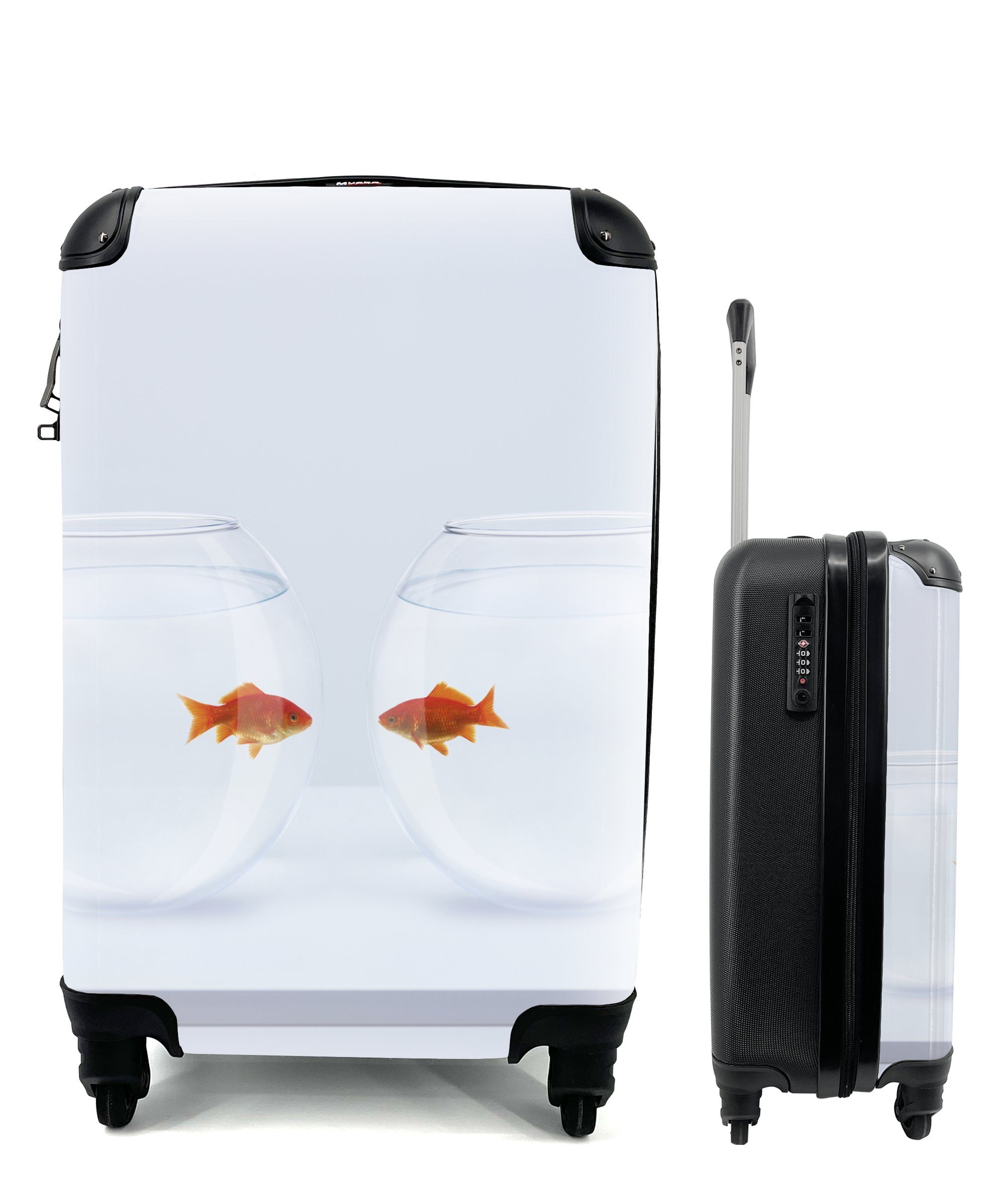 Goldfisch rollen, Handgepäckkoffer - Trolley, für 4 Reisekoffer Fischschalen MuchoWow mit Reisetasche Handgepäck Rollen, Ferien, Weiß, -