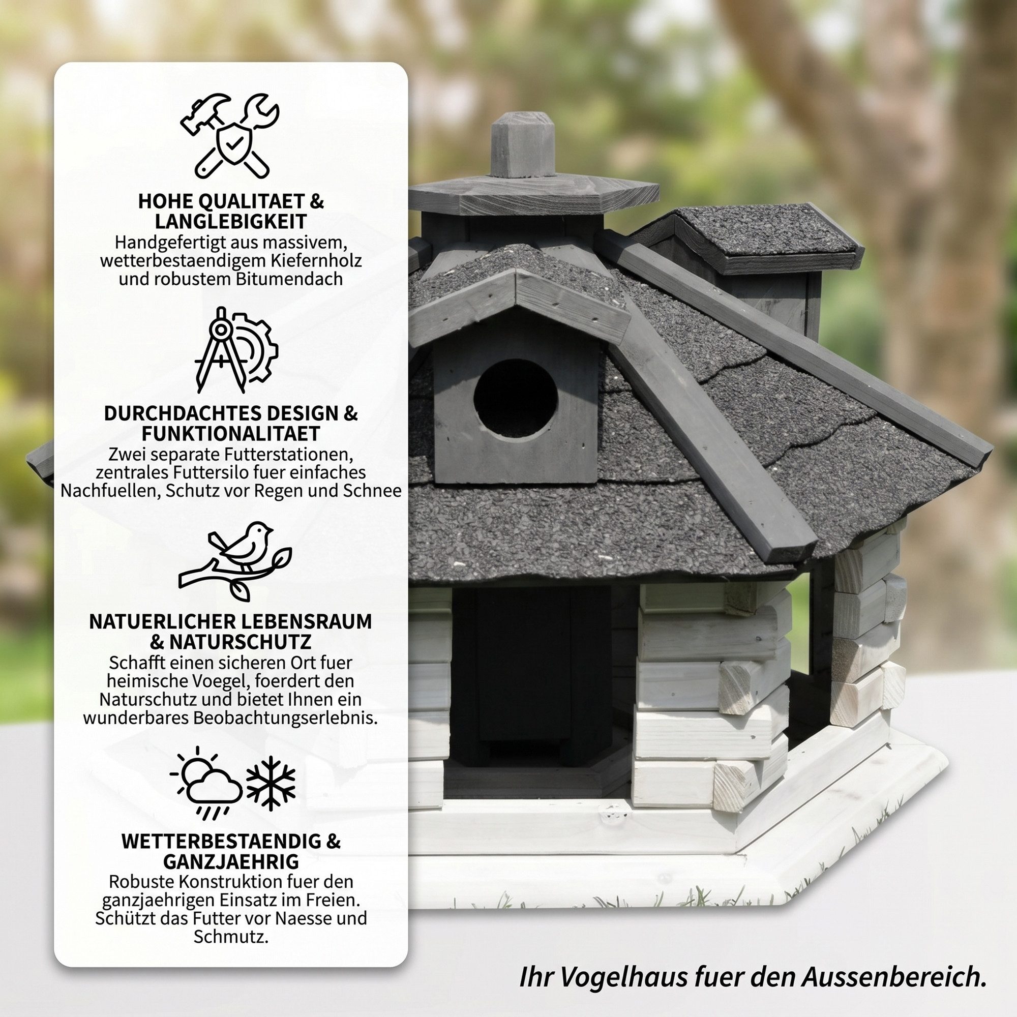 Mucola Vogelhaus Vogelfutterhaus Holz Vogelvilla 48 cm Futtersilo, Mit integriertem Futterspender und großzügigem Futterbereich
