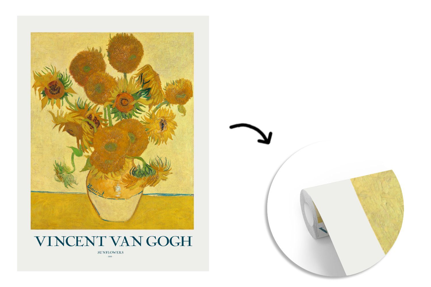 (4 Wohnzimmer, - Tapete für Vinyl Matt, Wandtapete Montagefertig bedruckt, Van - Gemälde MuchoWow St), Fototapete Sonnenblumen - Gelb, Gogh