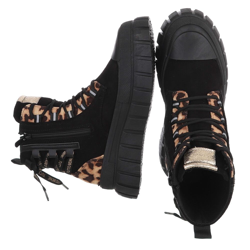 Ital-Design Damen Plateau-Bootie mit Schnürung und Riemen-Details Schnürstiefelette (92078946) Keilabsatz/Wedge Sneakers High in Schwarz