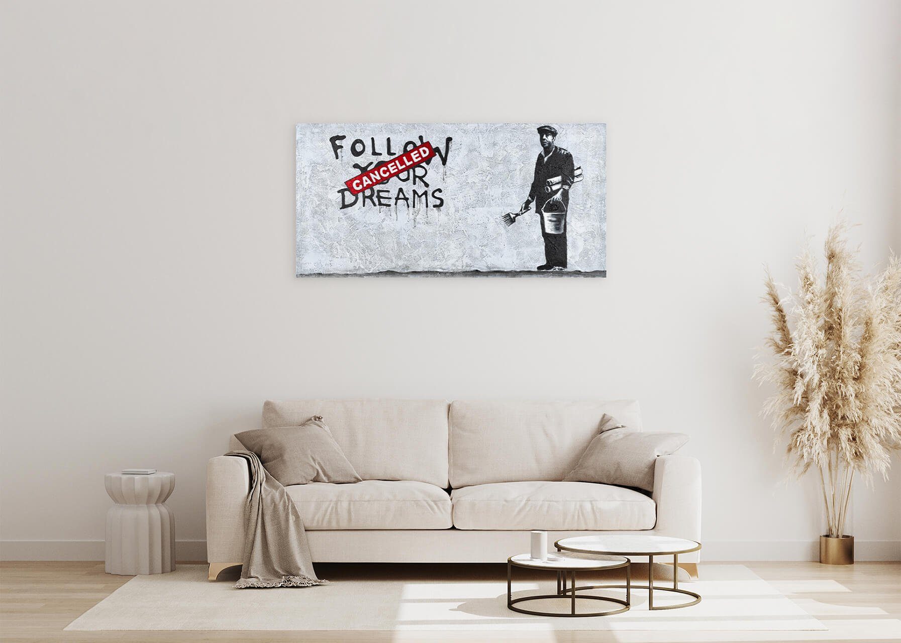 KUNSTLOFT Gemälde Banksy's Optimist 120x60 cm, Leinwandbild 100% HANDGEMALT Wandbild Wohnzimmer