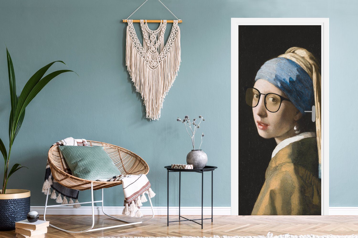 Perlenohrring - Tür, Mädchen St), bedruckt, Vermeer mit Matt, Türaufkleber, für - MuchoWow (1 Türtapete Fototapete 75x205 cm dem Das Brillen,